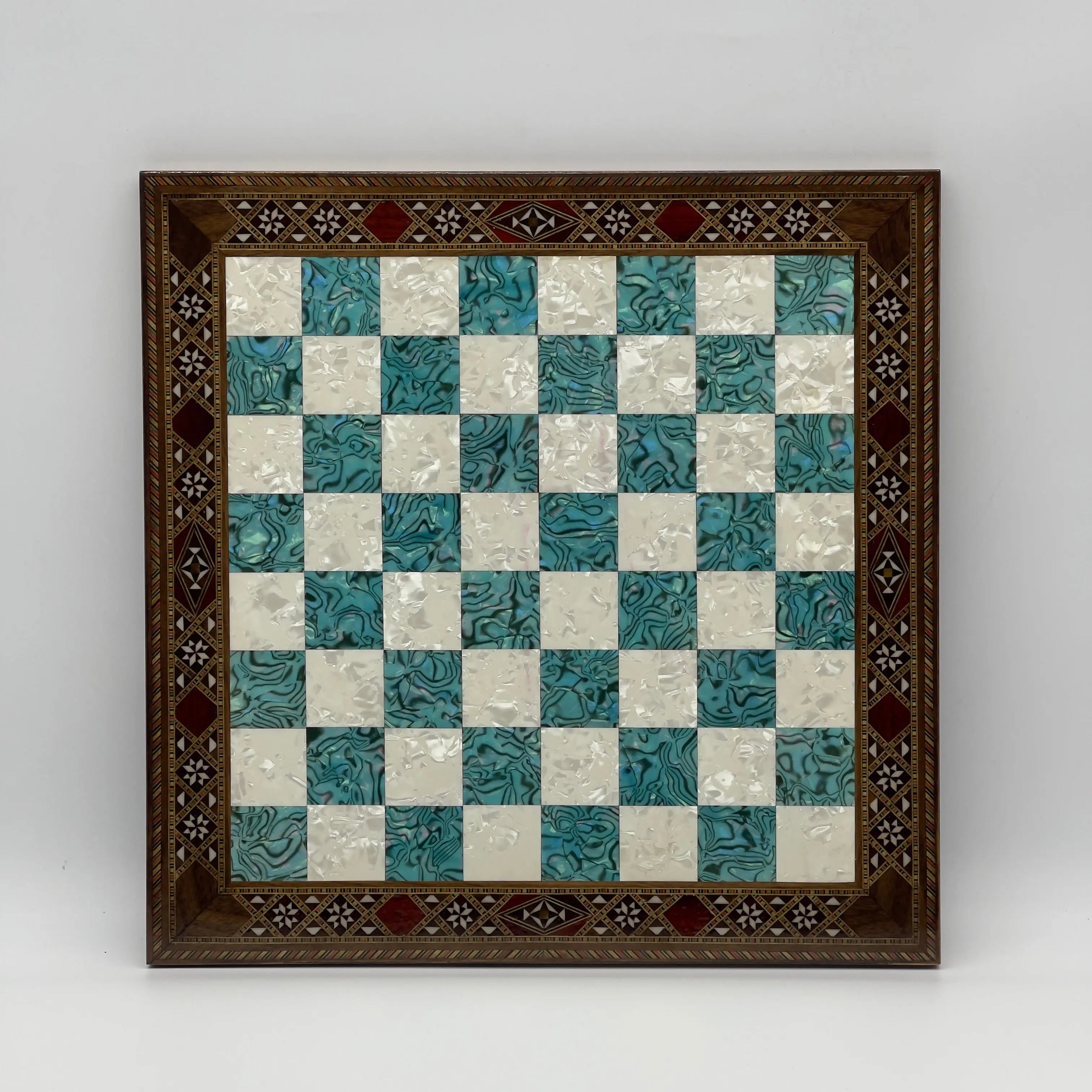 14.9" Handmade Custom Pattern Luxury Wooden Turquoise Chess Board