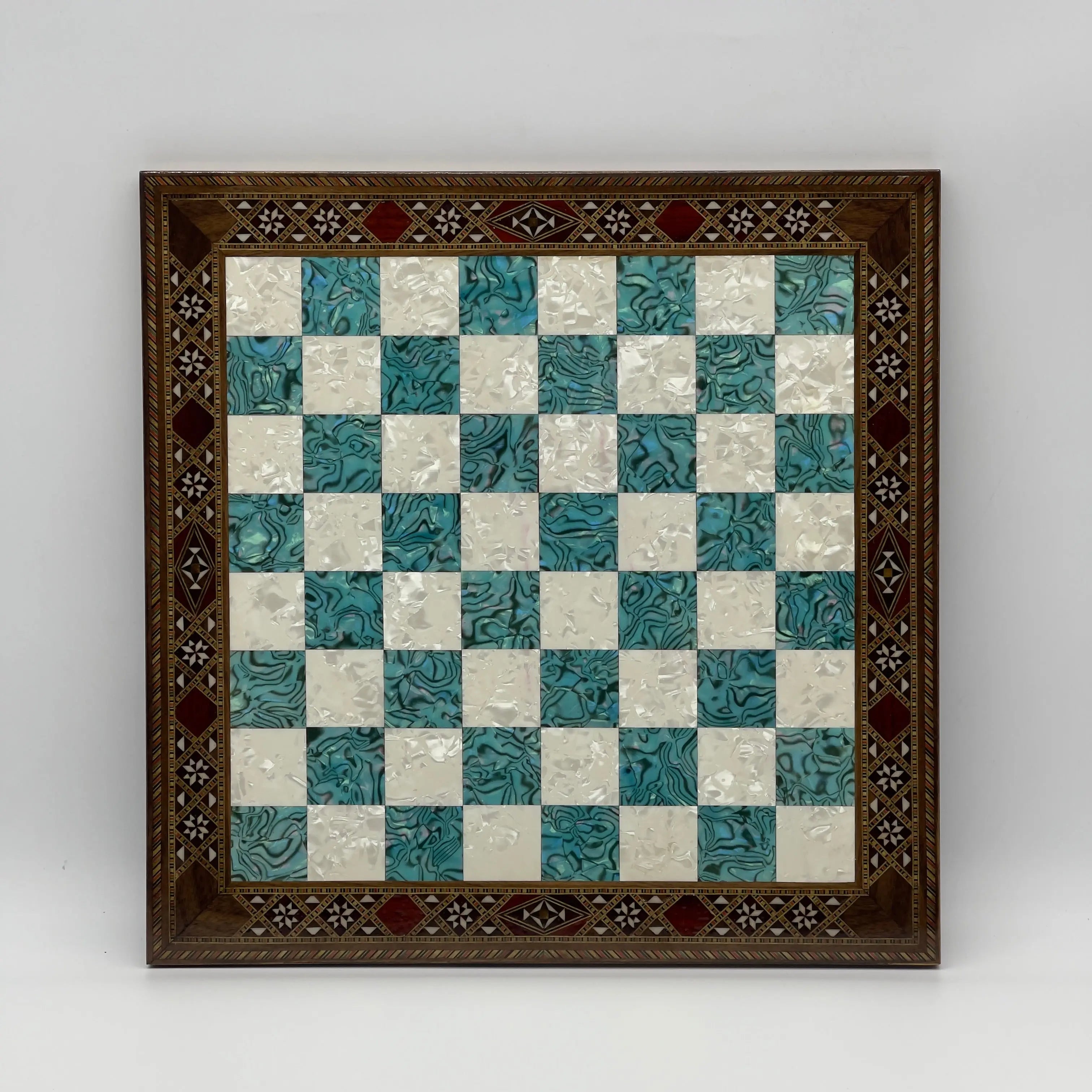 14.9" Handmade Custom Pattern Luxury Wooden Turquoise Chess Board