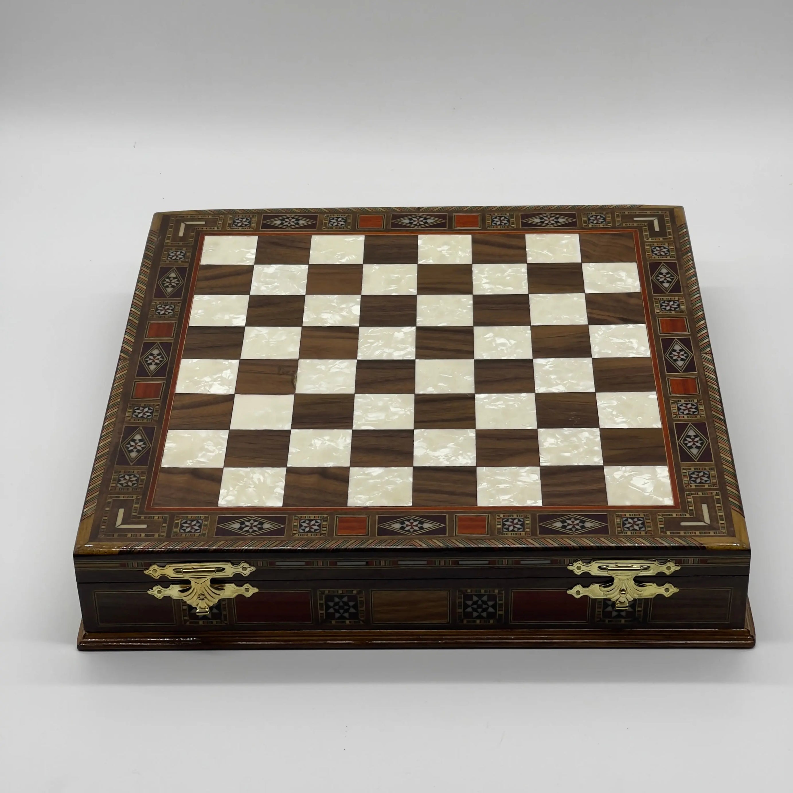 15.3" Brown Luxury Handmade Patterned Storage Wooden Chess Board