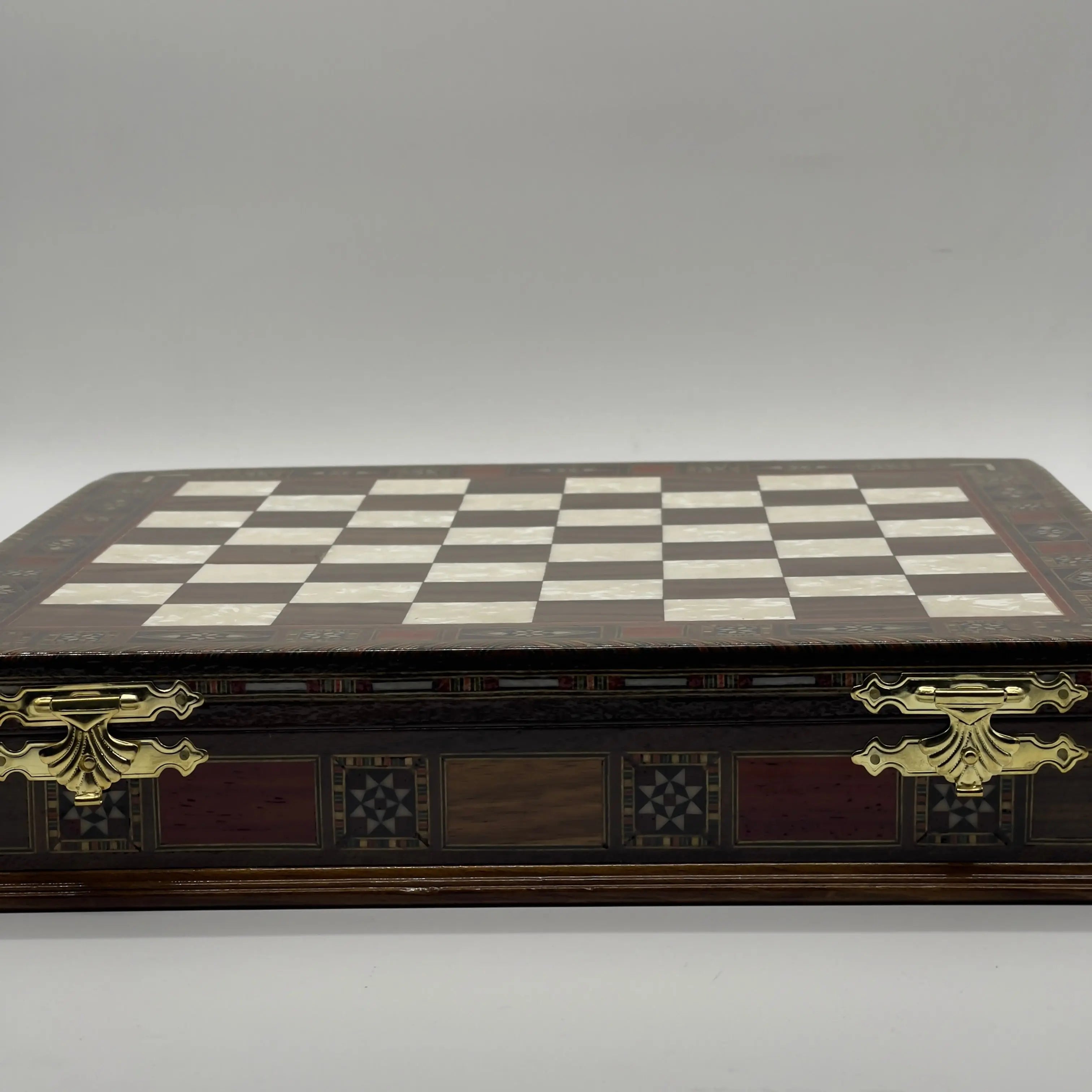 15.3" Brown Luxury Handmade Patterned Storage Wooden Chess Board