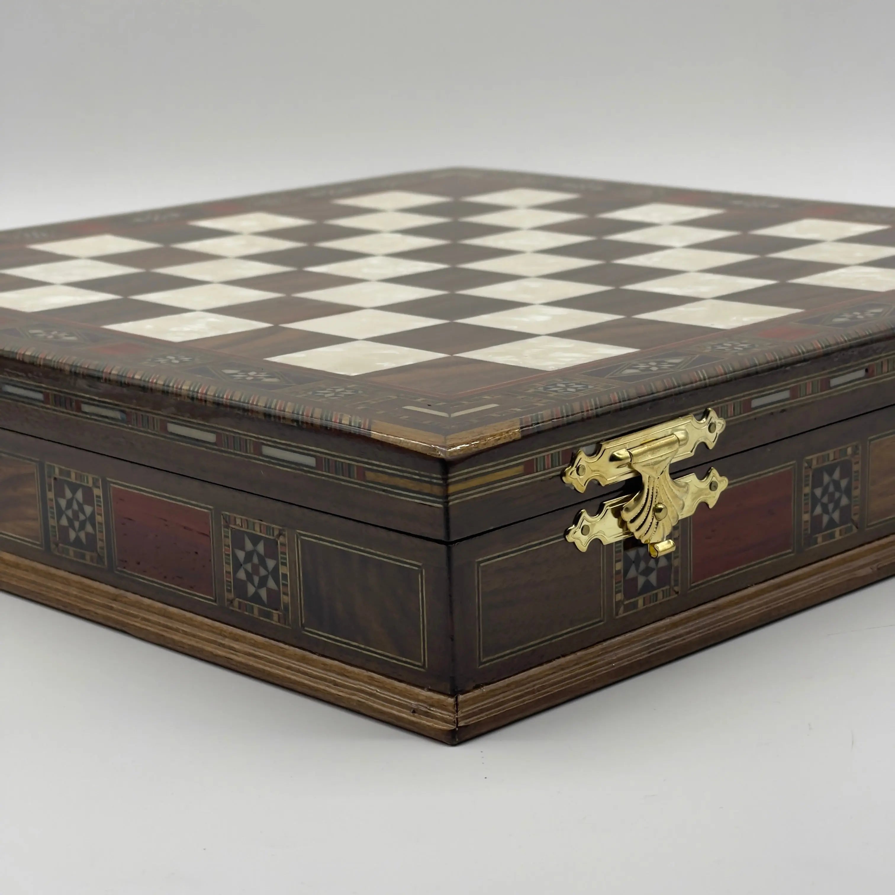 15.3" Brown Luxury Handmade Patterned Storage Wooden Chess Board