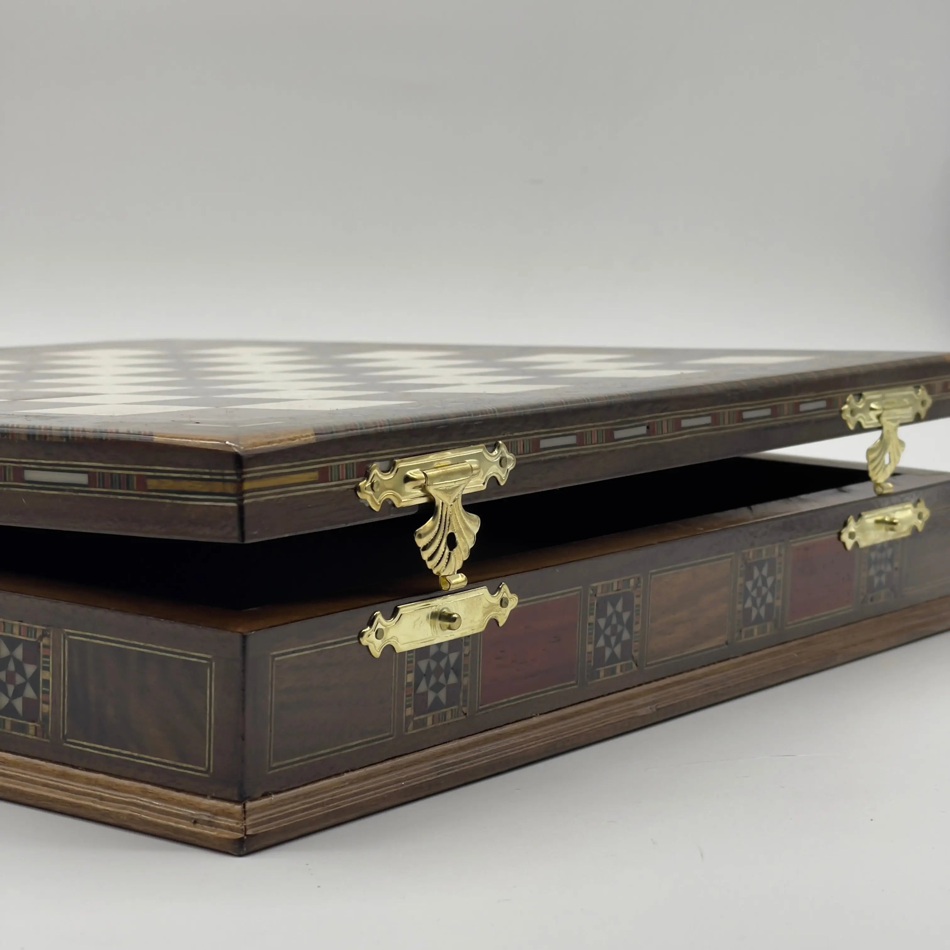 15.3" Brown Luxury Handmade Patterned Storage Wooden Chess Board