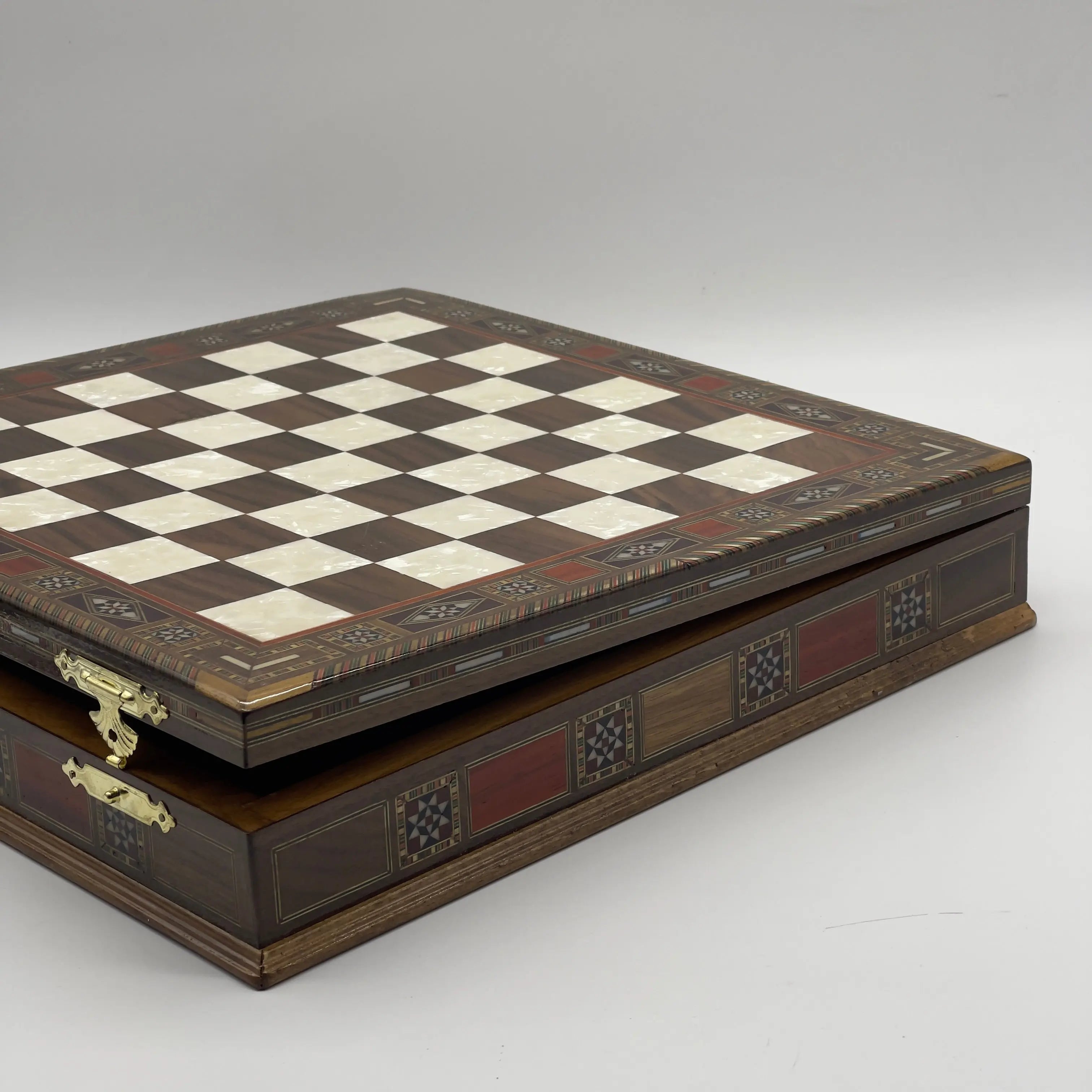 15.3" Brown Luxury Handmade Patterned Storage Wooden Chess Board