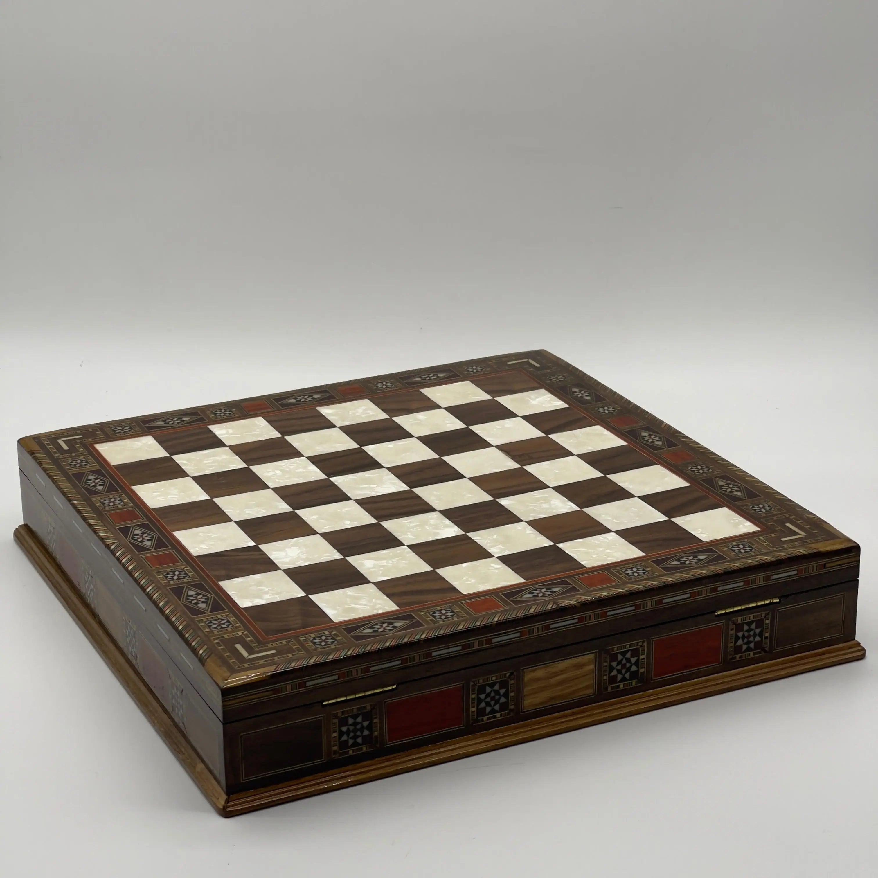 15.3" Brown Luxury Handmade Patterned Storage Wooden Chess Board