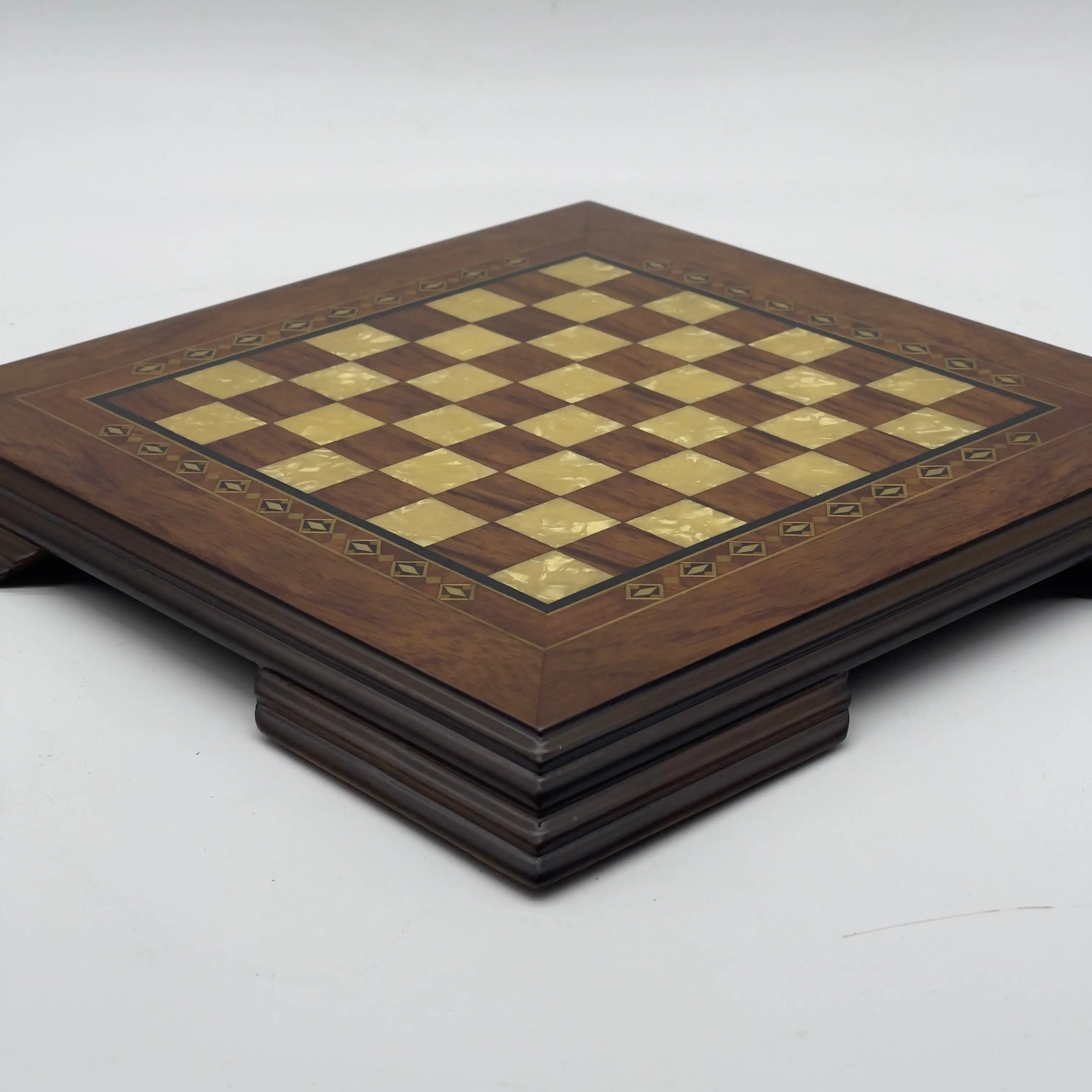 Small Walnut Solid Wooden Chess Board with Crusaders Metal Chess Pieces