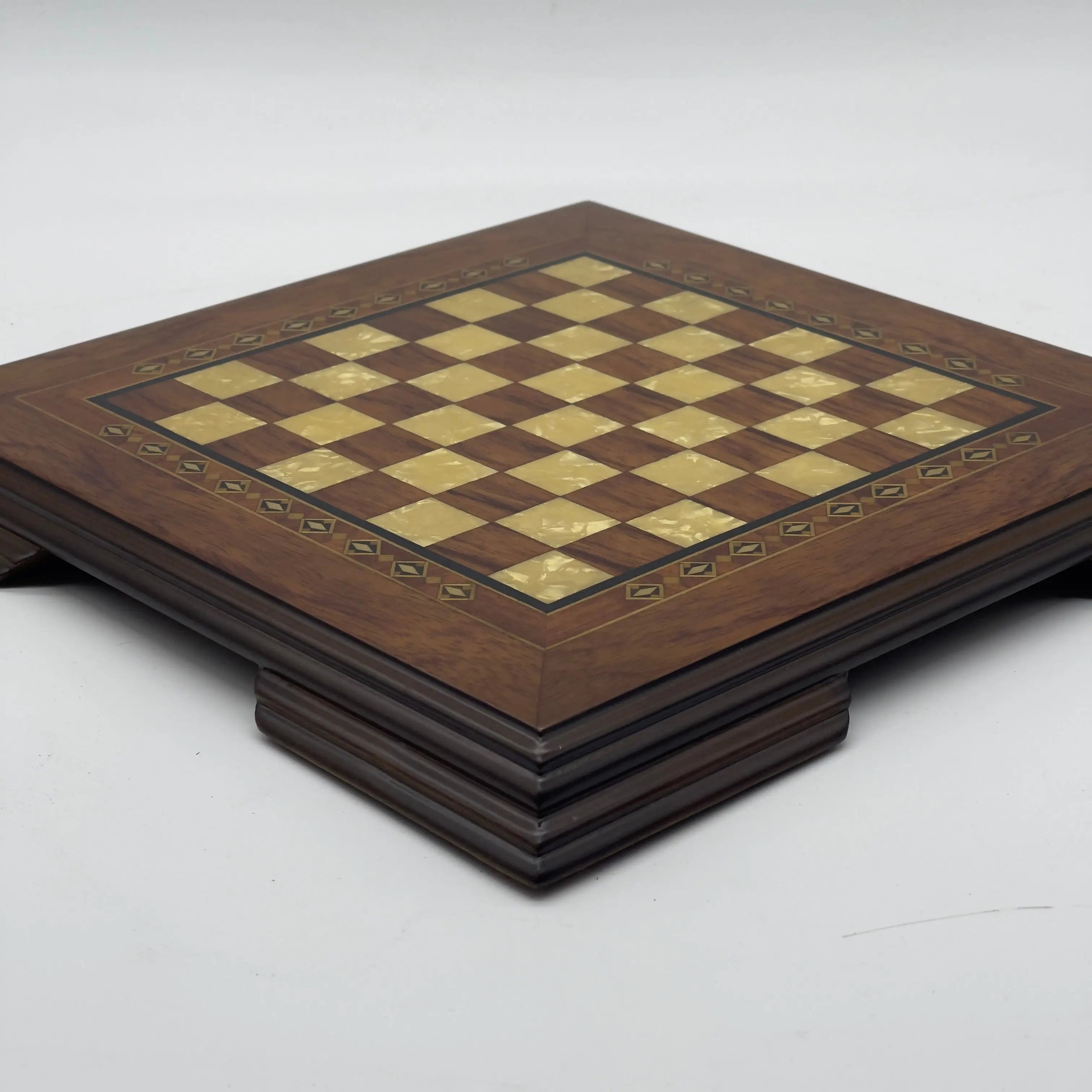 Small Walnut Solid Wooden Chess Board with Crusaders Metal Chess Pieces