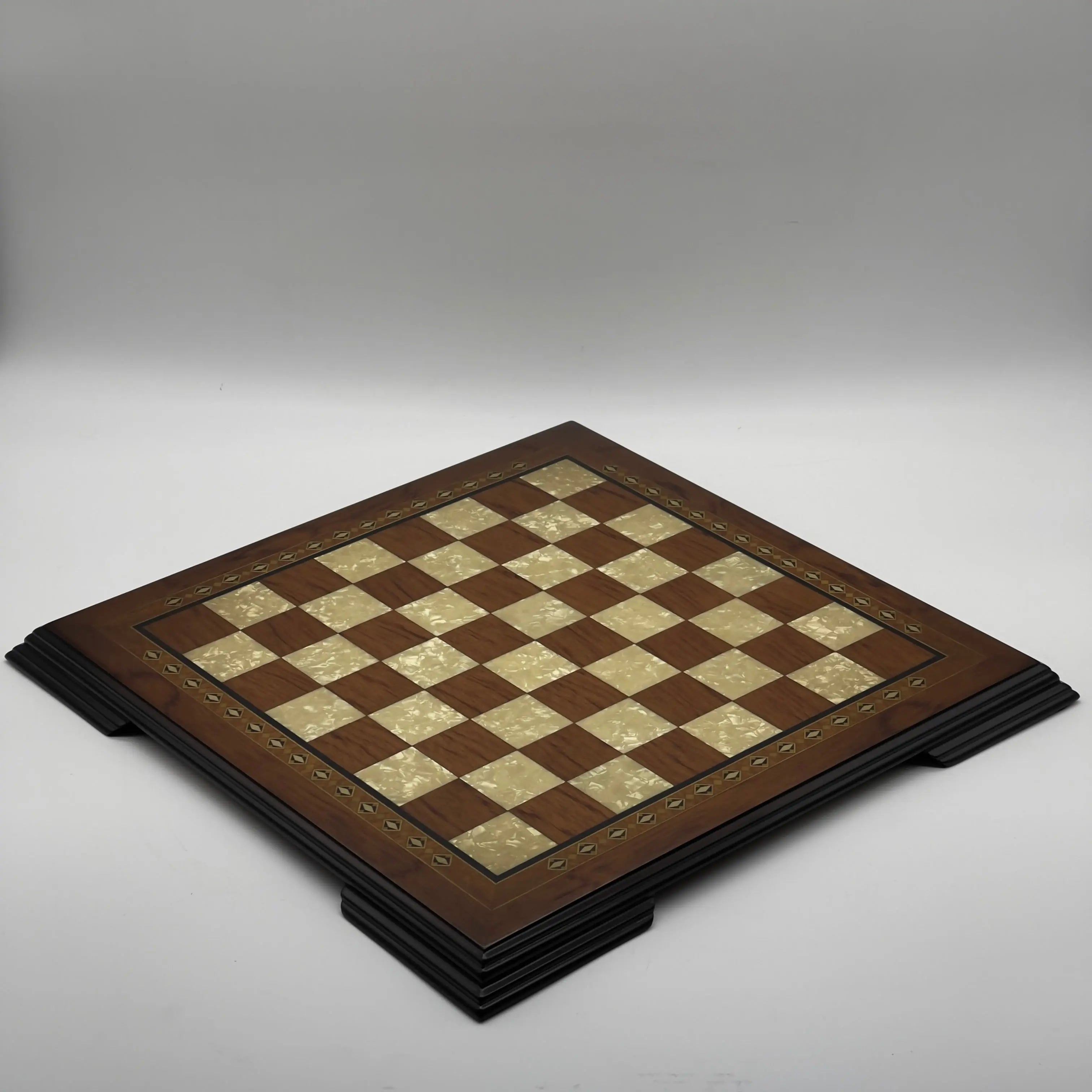 16.5" Flat Brown Wooden Chess Set with Romans Metal Chess Pieces