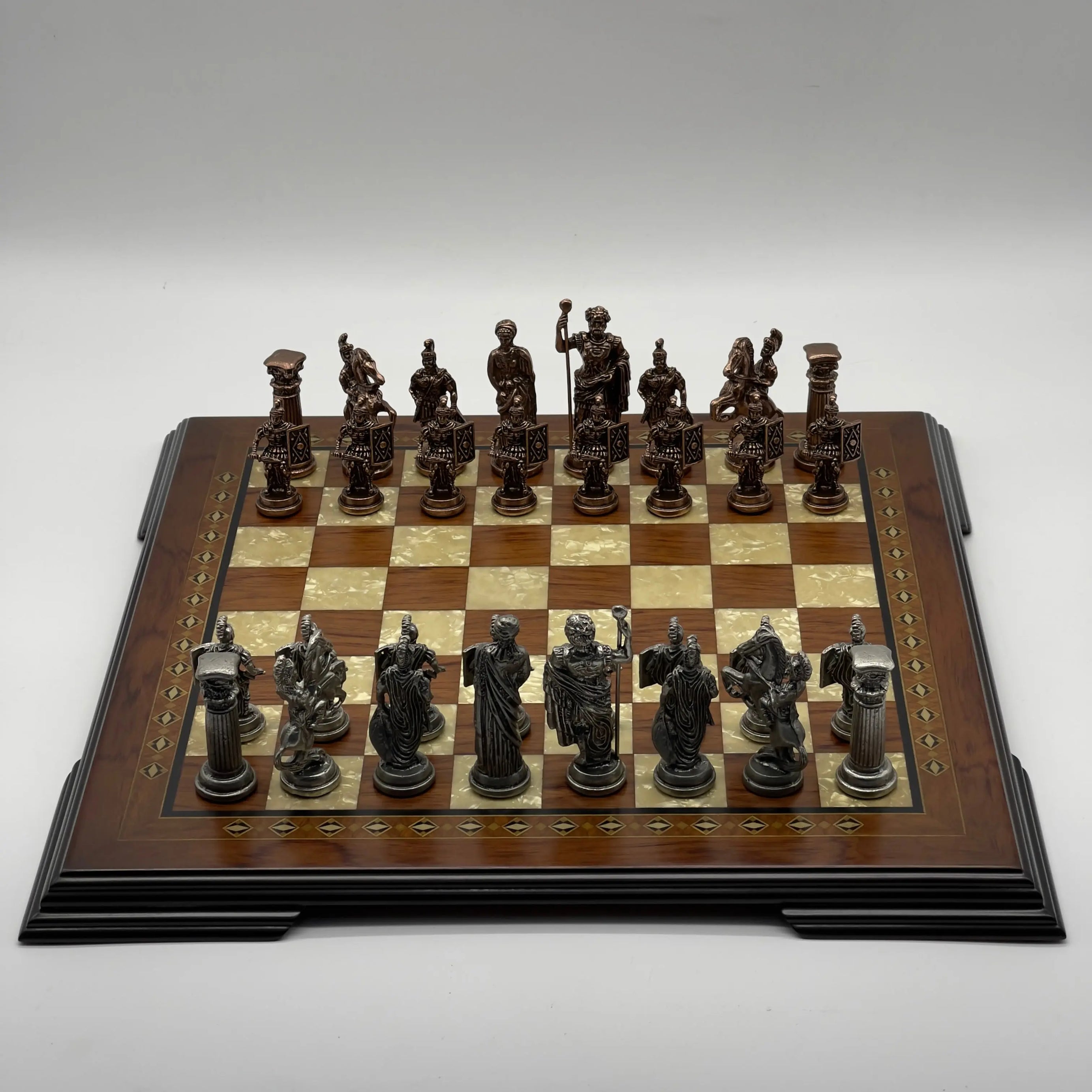16.5" Flat Brown Wooden Chess Set with Romans Metal Chess Pieces