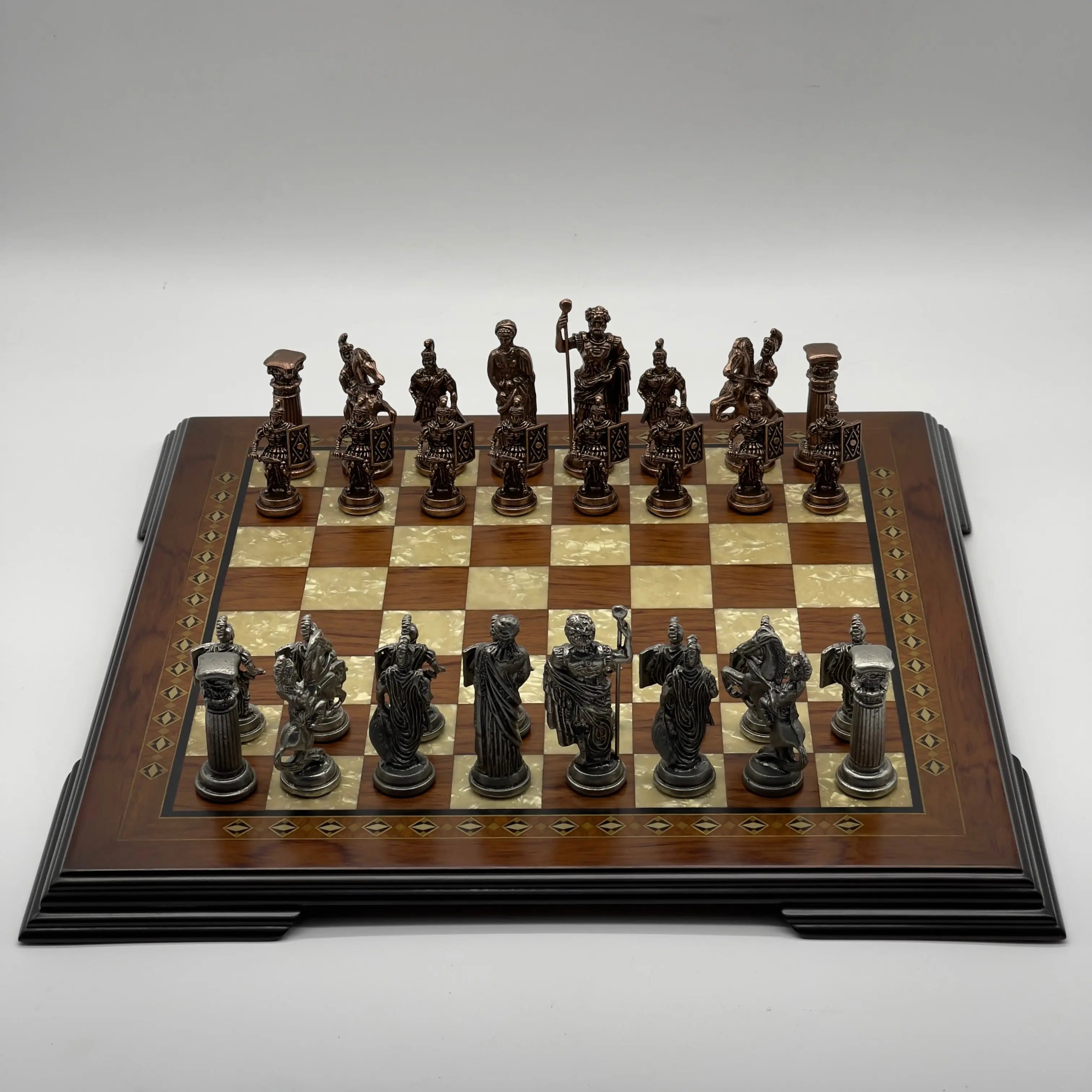 16.5" Flat Brown Wooden Chess Set with Romans Metal Chess Pieces