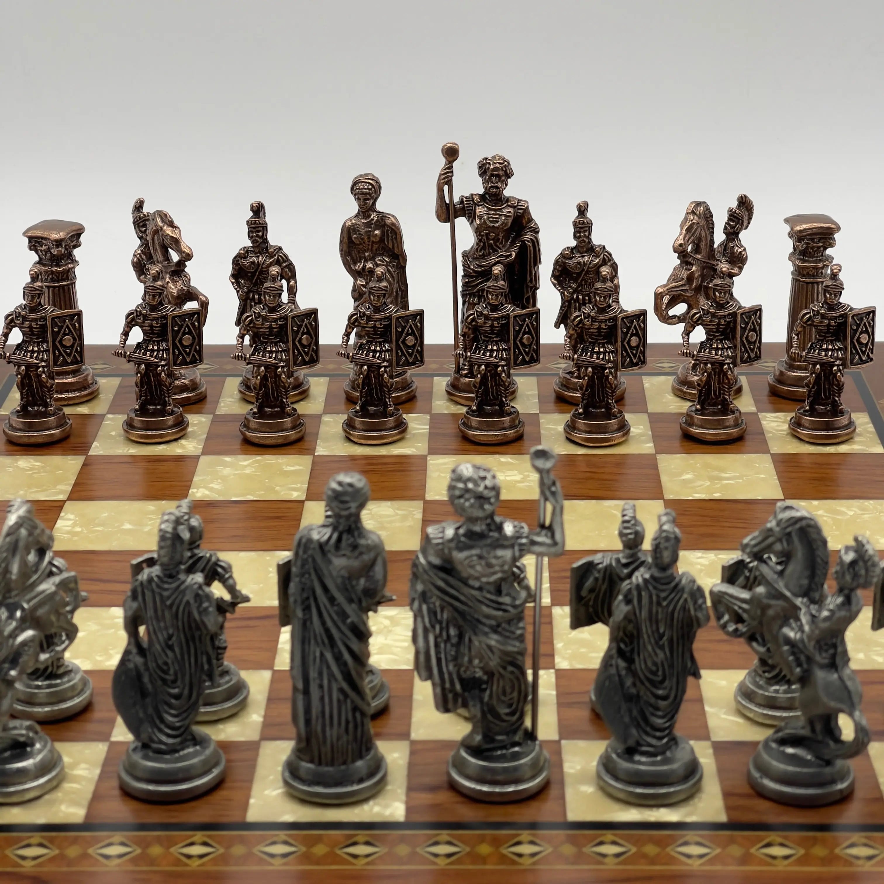 16.5" Flat Brown Wooden Chess Set with Romans Metal Chess Pieces