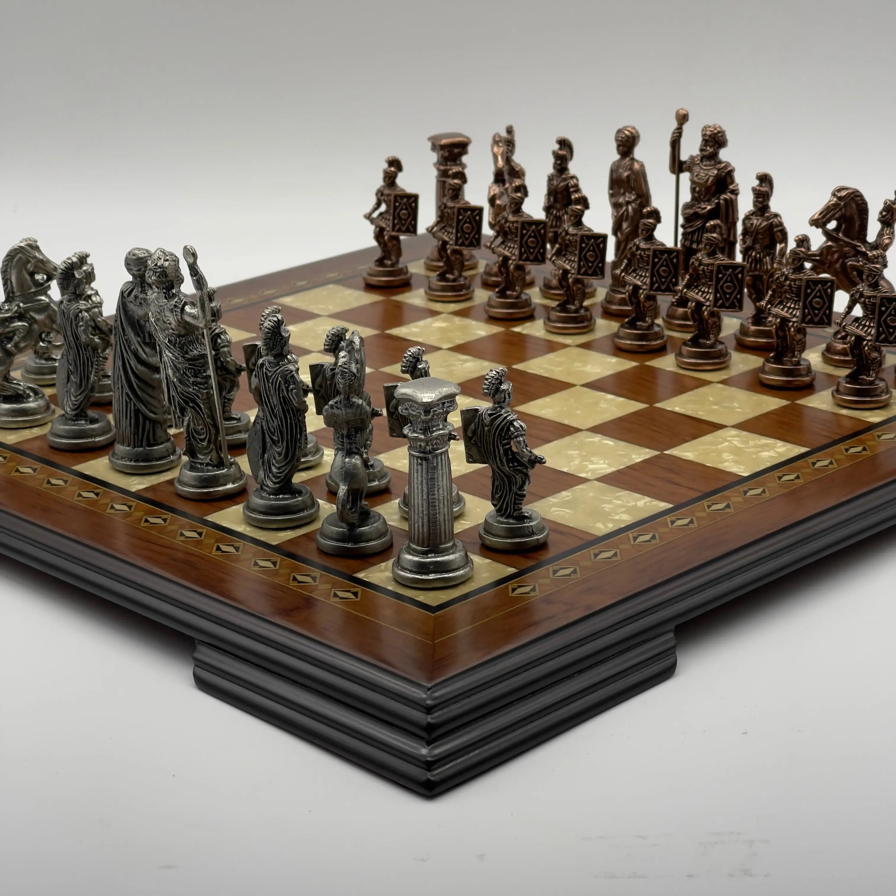 16.5" Flat Brown Wooden Chess Set with Romans Metal Chess Pieces