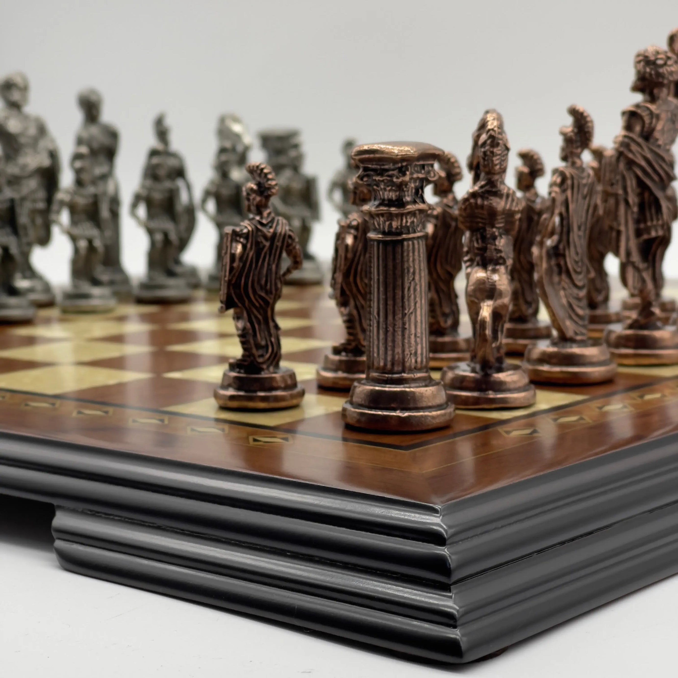 16.5" Flat Brown Wooden Chess Set with Romans Metal Chess Pieces