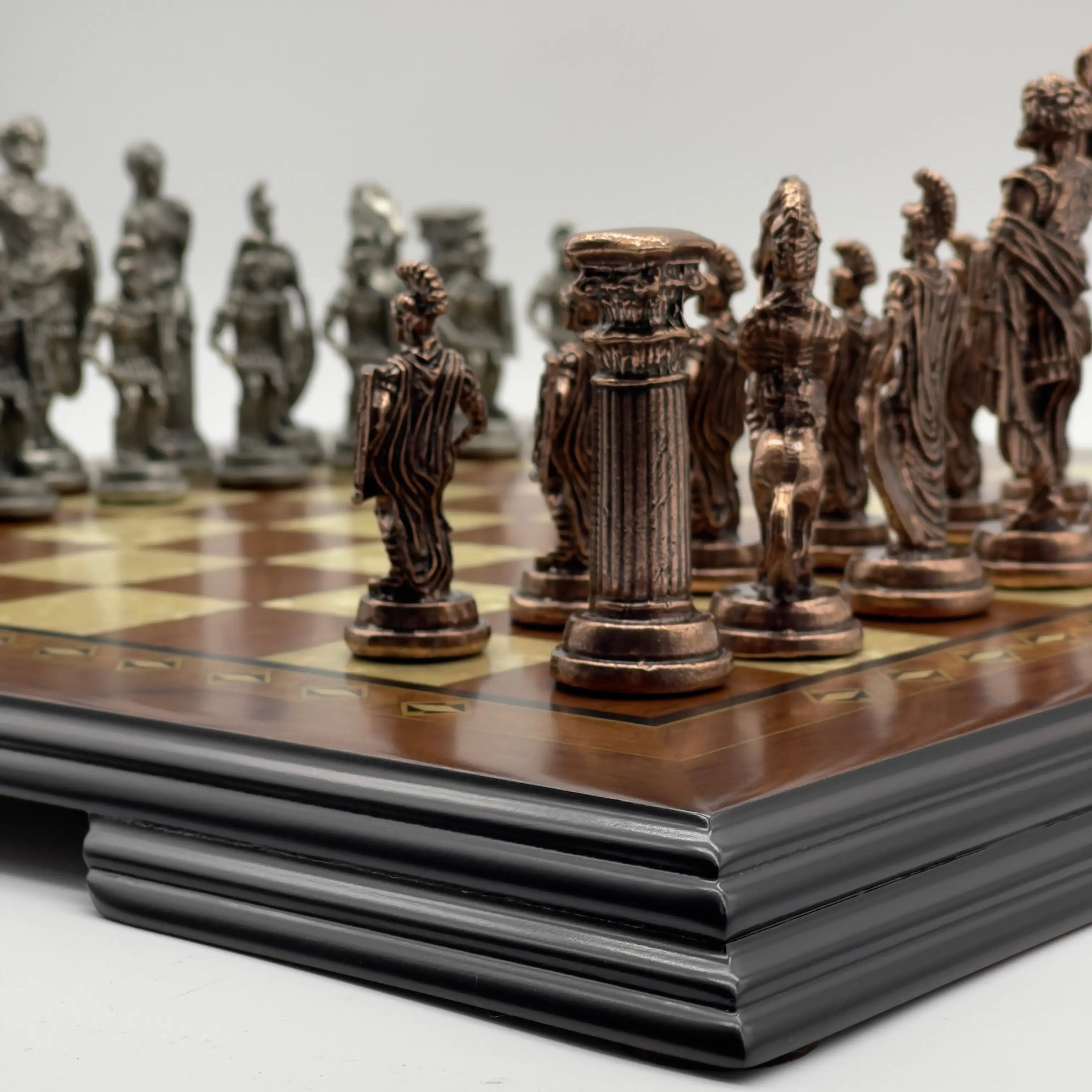16.5" Flat Brown Wooden Chess Set with Romans Metal Chess Pieces