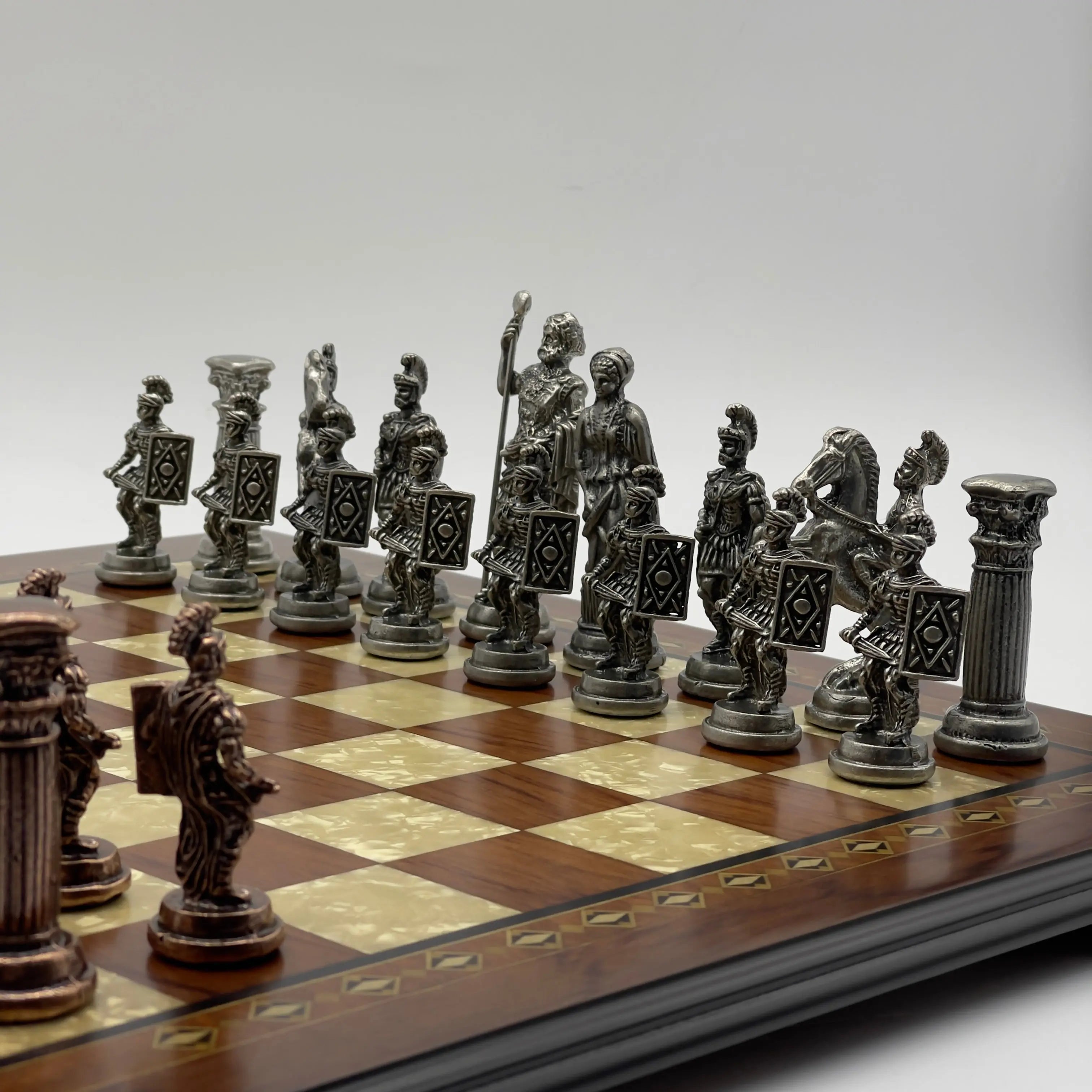 16.5" Flat Brown Wooden Chess Set with Romans Metal Chess Pieces