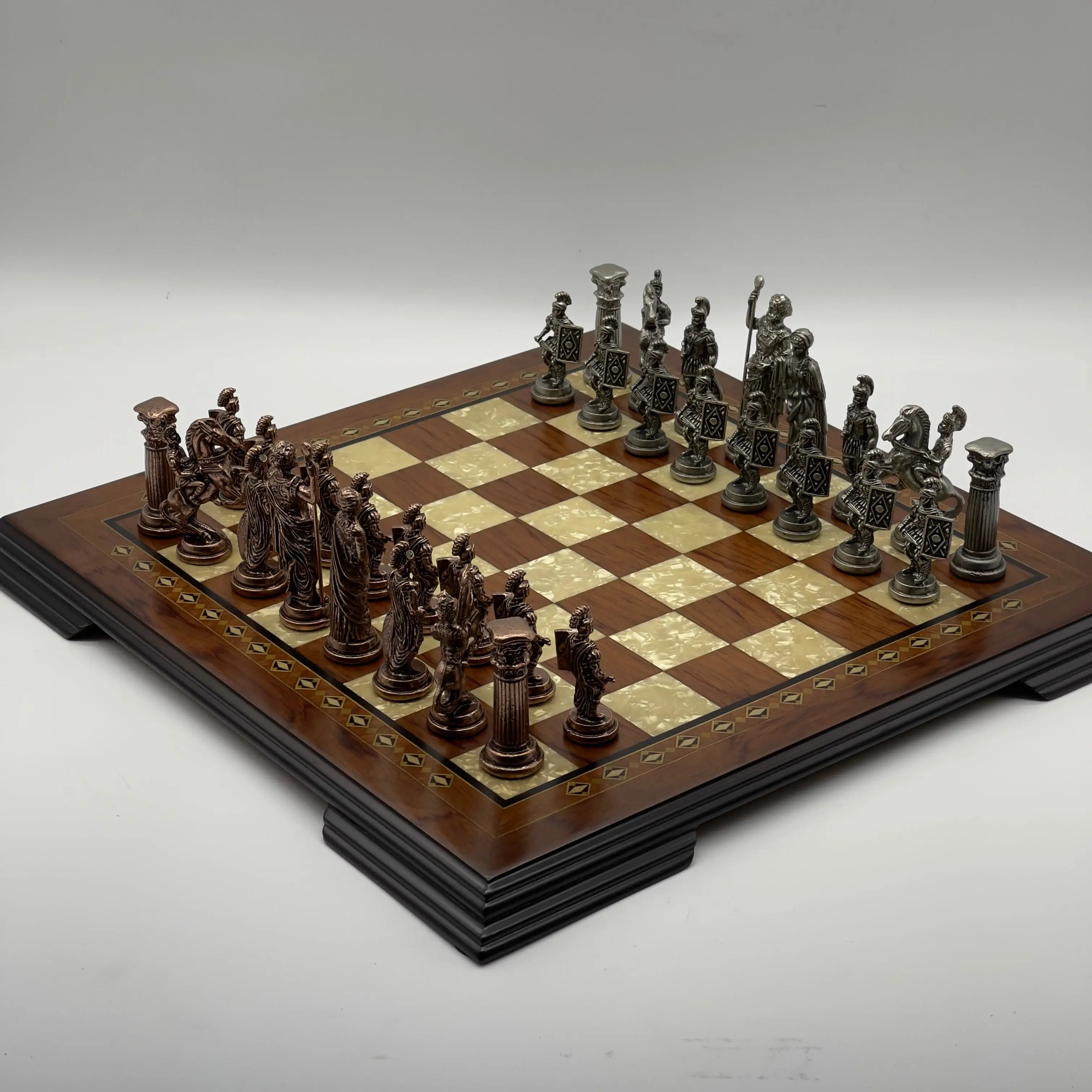 16.5" Flat Brown Wooden Chess Set with Romans Metal Chess Pieces