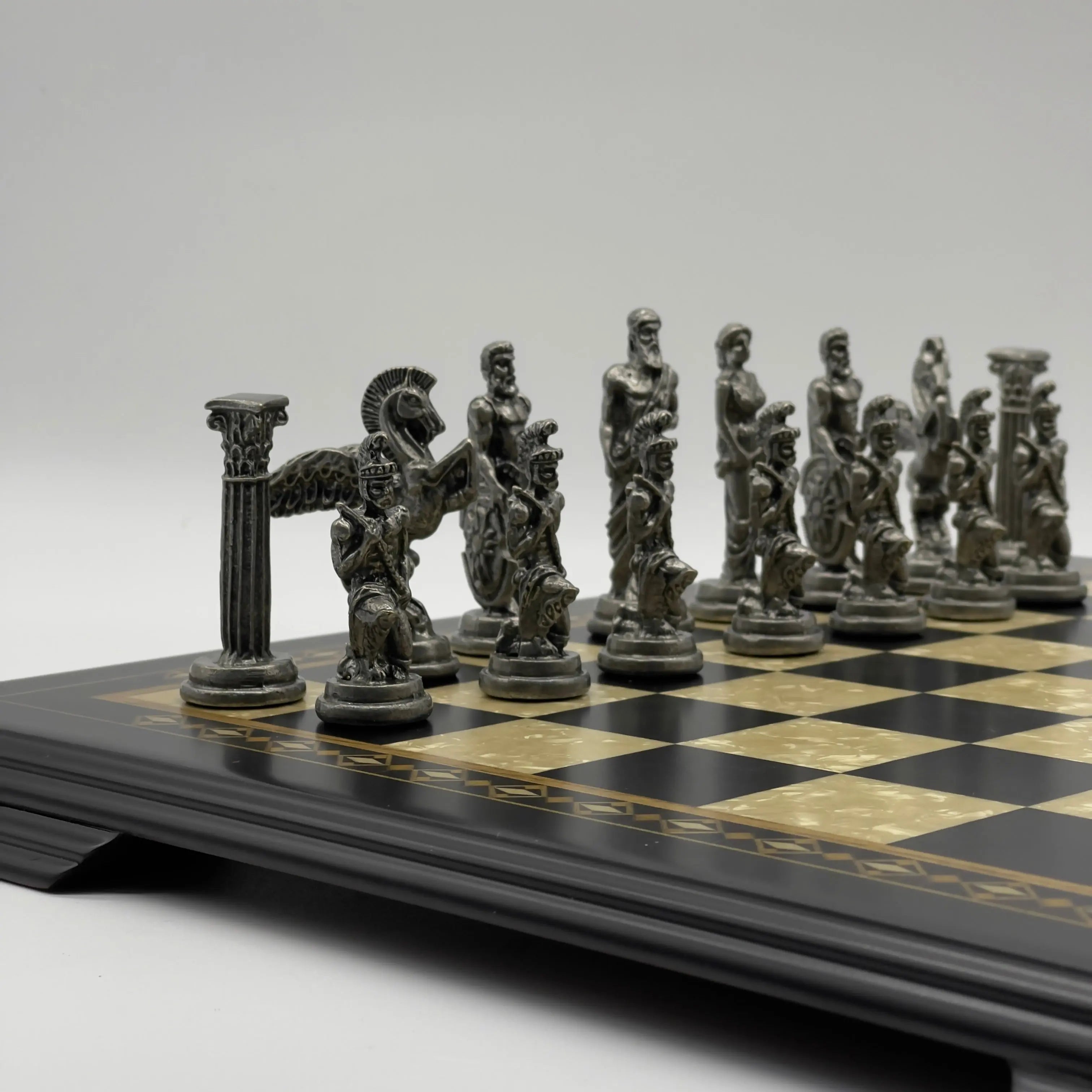 19.3" Wooden Black Luxury Chess Set - Pegasus Theme Metal Chess Pieces