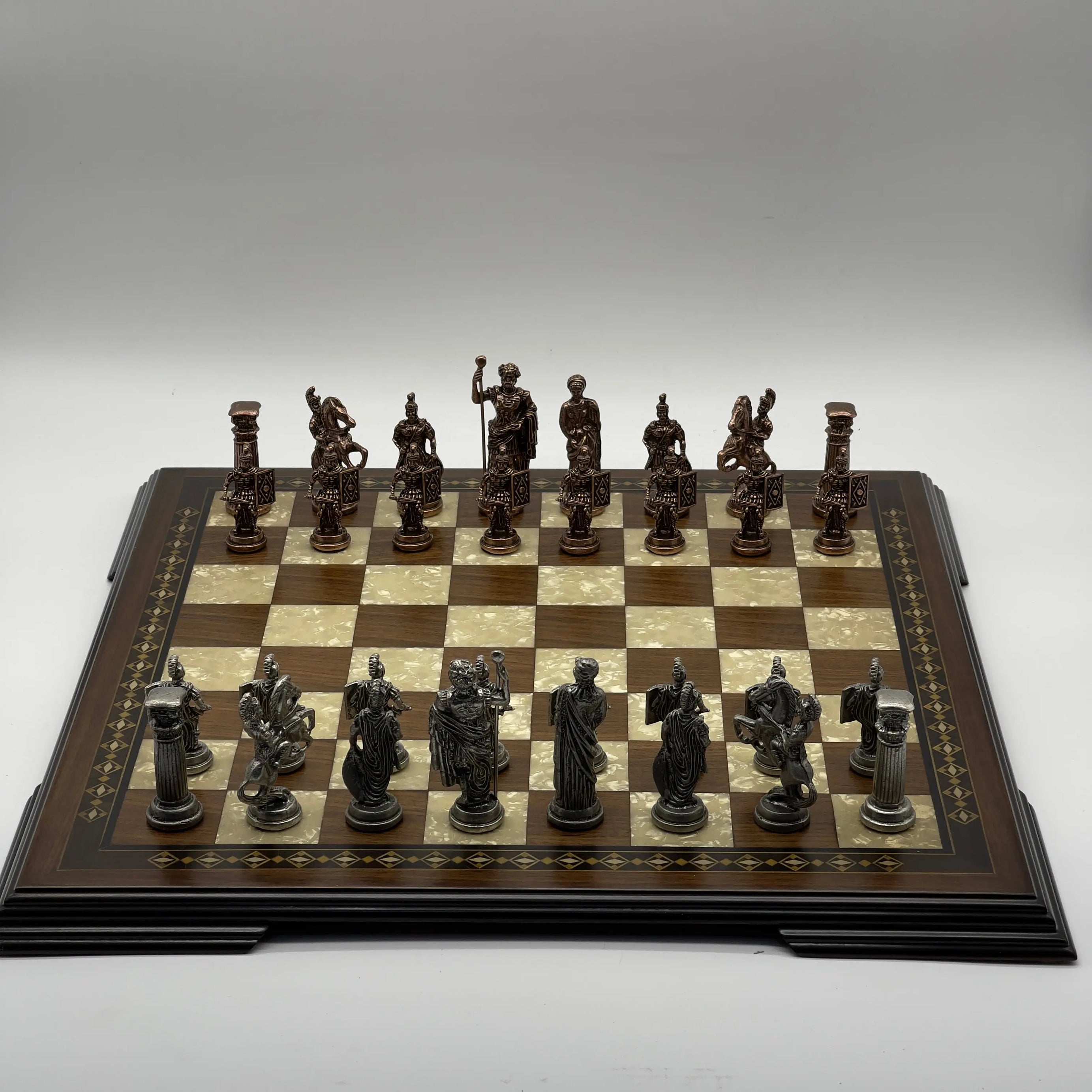19.3" Wooden Brown Handmade Chess Board with Romans Metal Chess Pieces