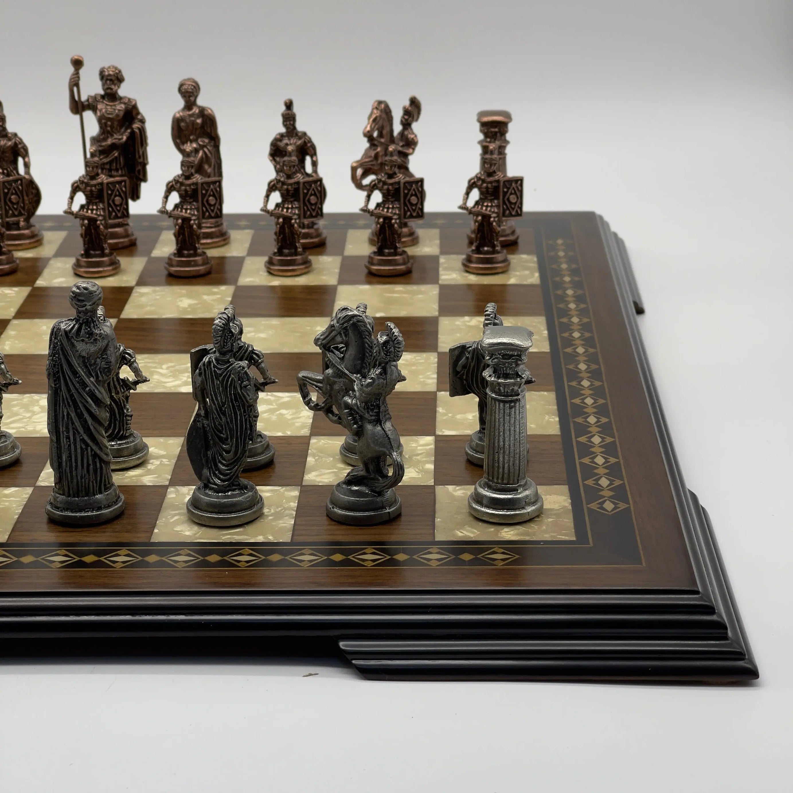 19.3" Wooden Brown Handmade Chess Board with Romans Metal Chess Pieces