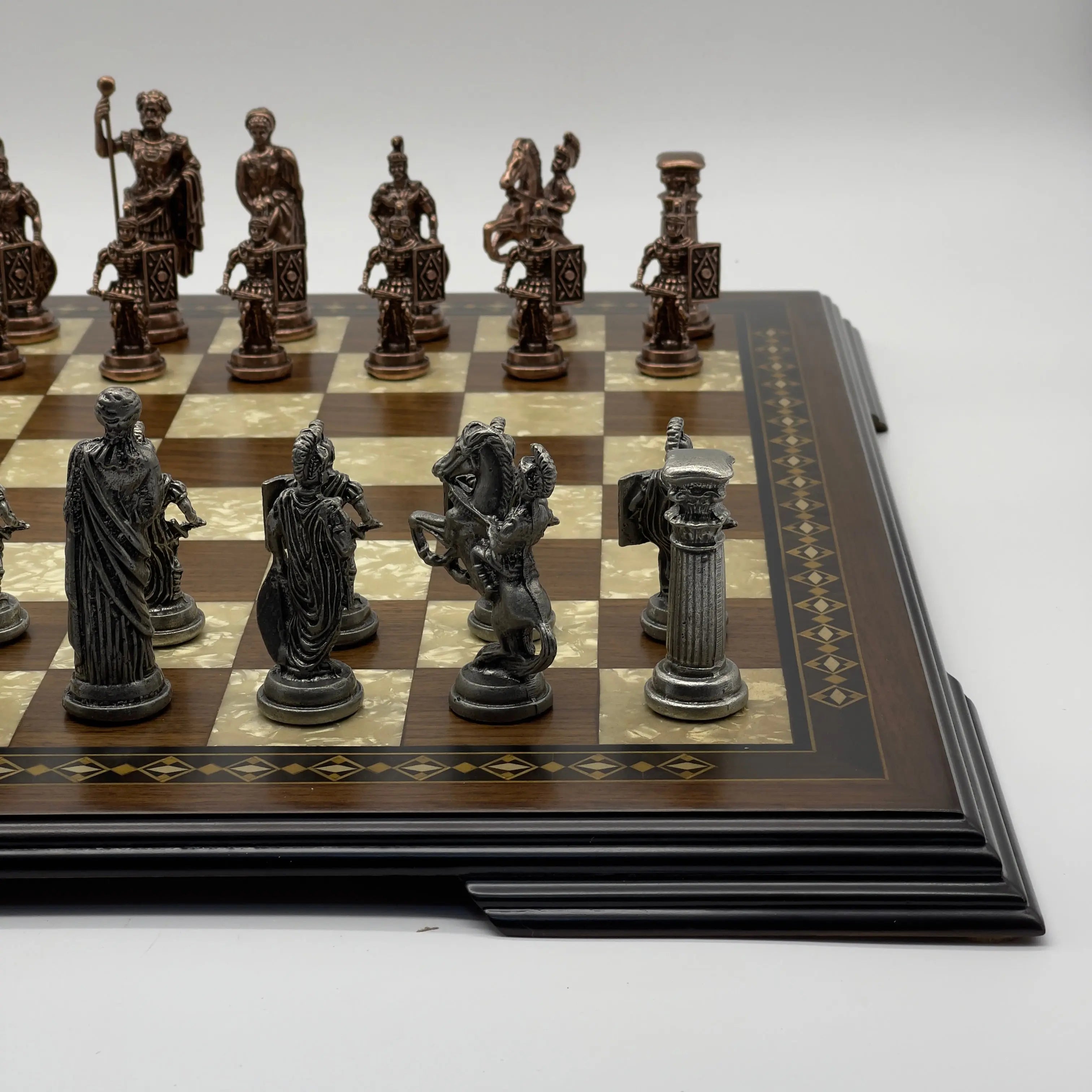19.3" Wooden Brown Handmade Chess Board with Romans Metal Chess Pieces