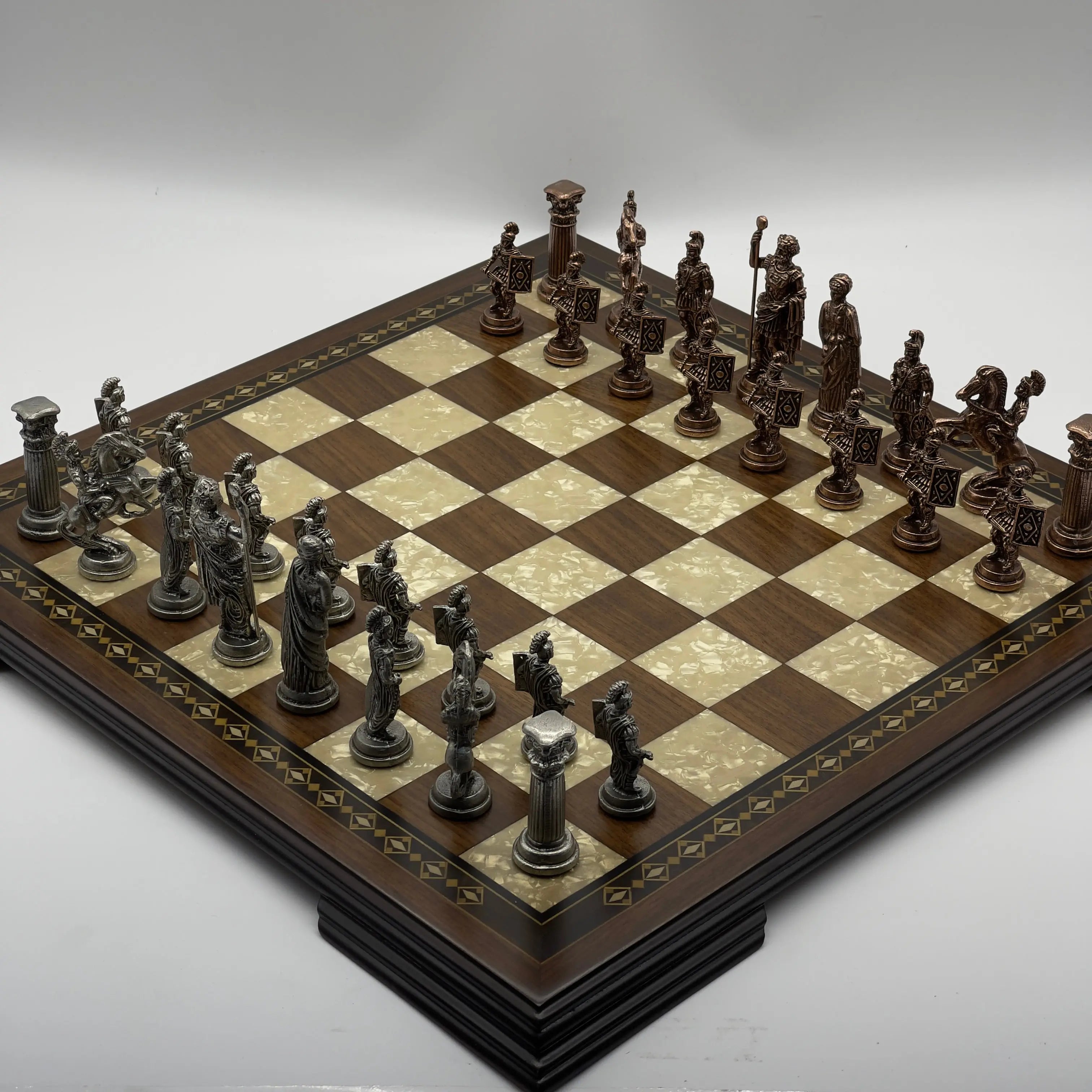 19.3" Wooden Brown Handmade Chess Board with Romans Metal Chess Pieces