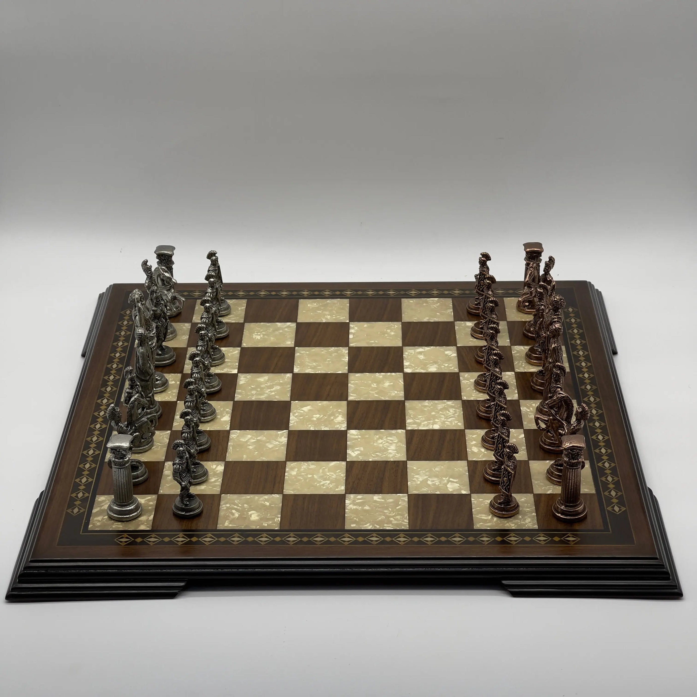 19.3" Wooden Brown Handmade Chess Board with Romans Metal Chess Pieces