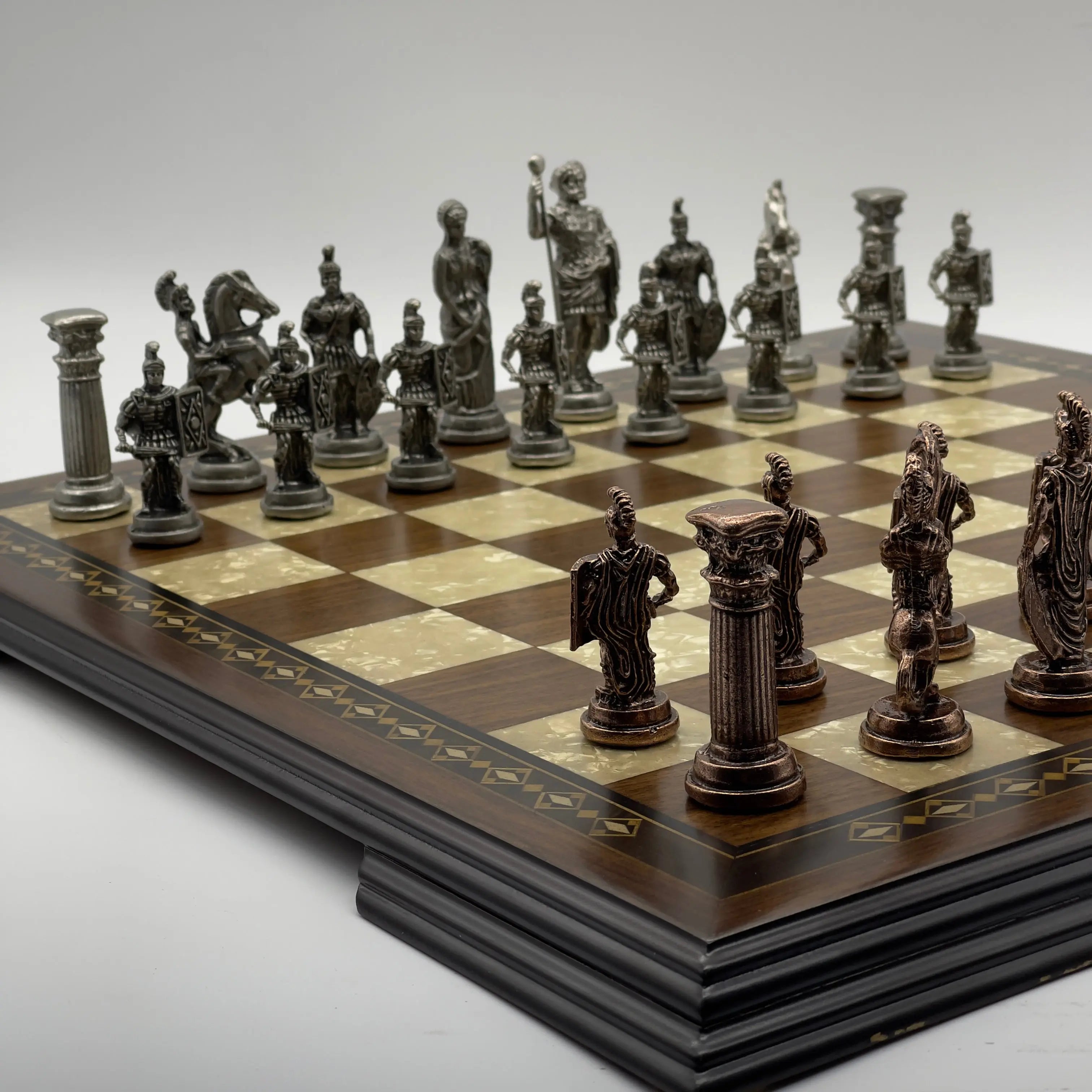 19.3" Wooden Brown Handmade Chess Board with Romans Metal Chess Pieces