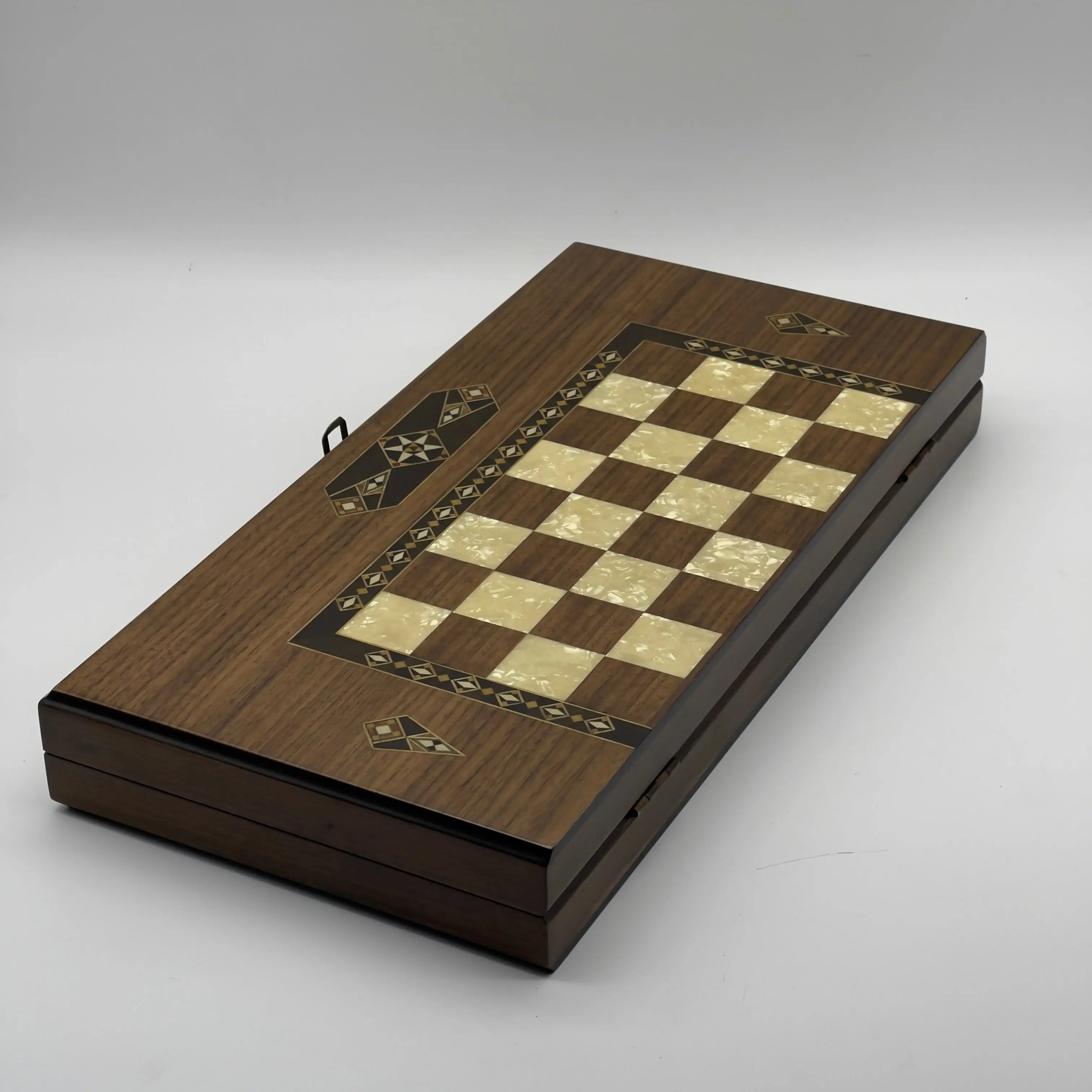 19.7" Brown Mosaic Classic Natural Walnut Veneer Wooden Backgammon Set