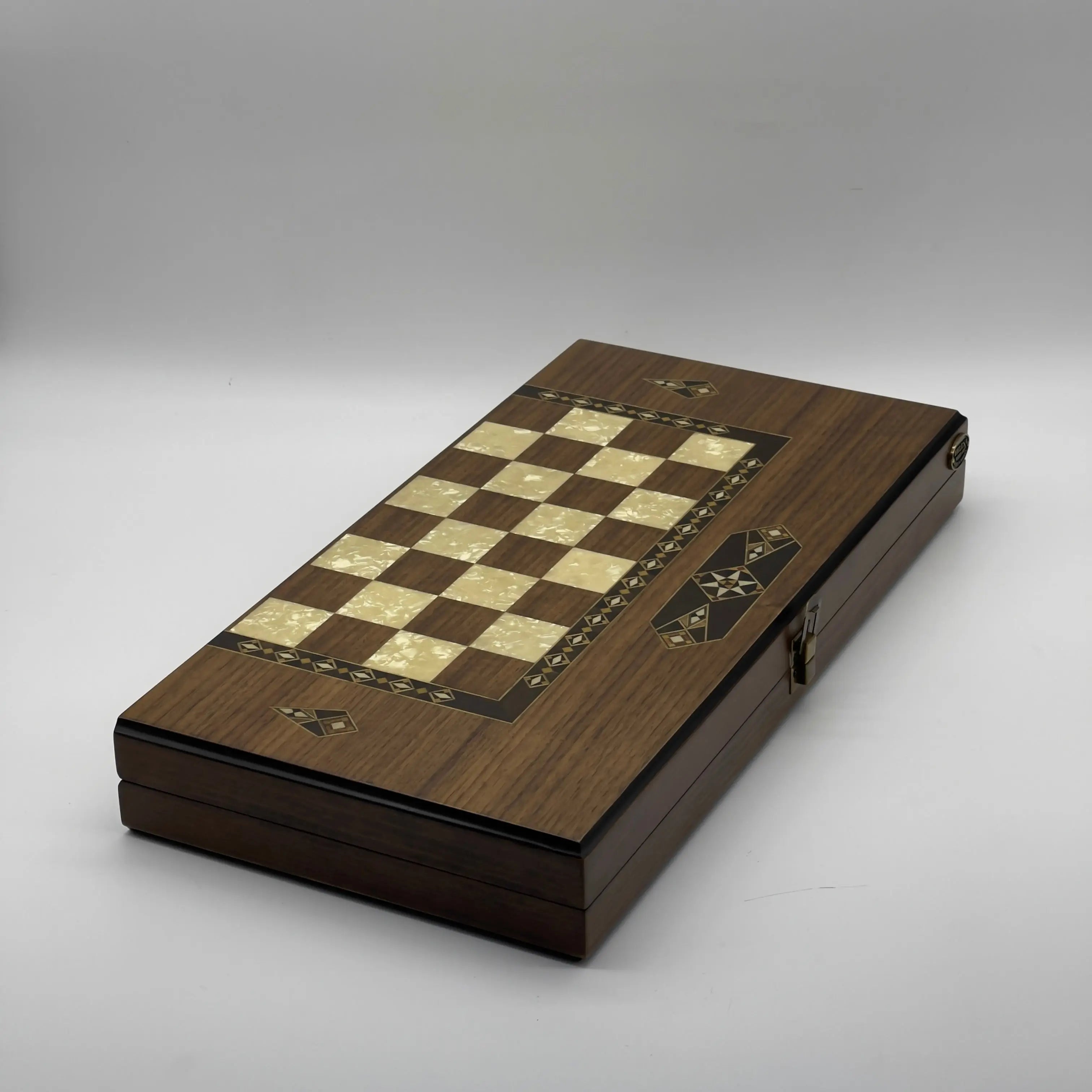 19.7" Brown Mosaic Classic Natural Walnut Veneer Wooden Backgammon Set