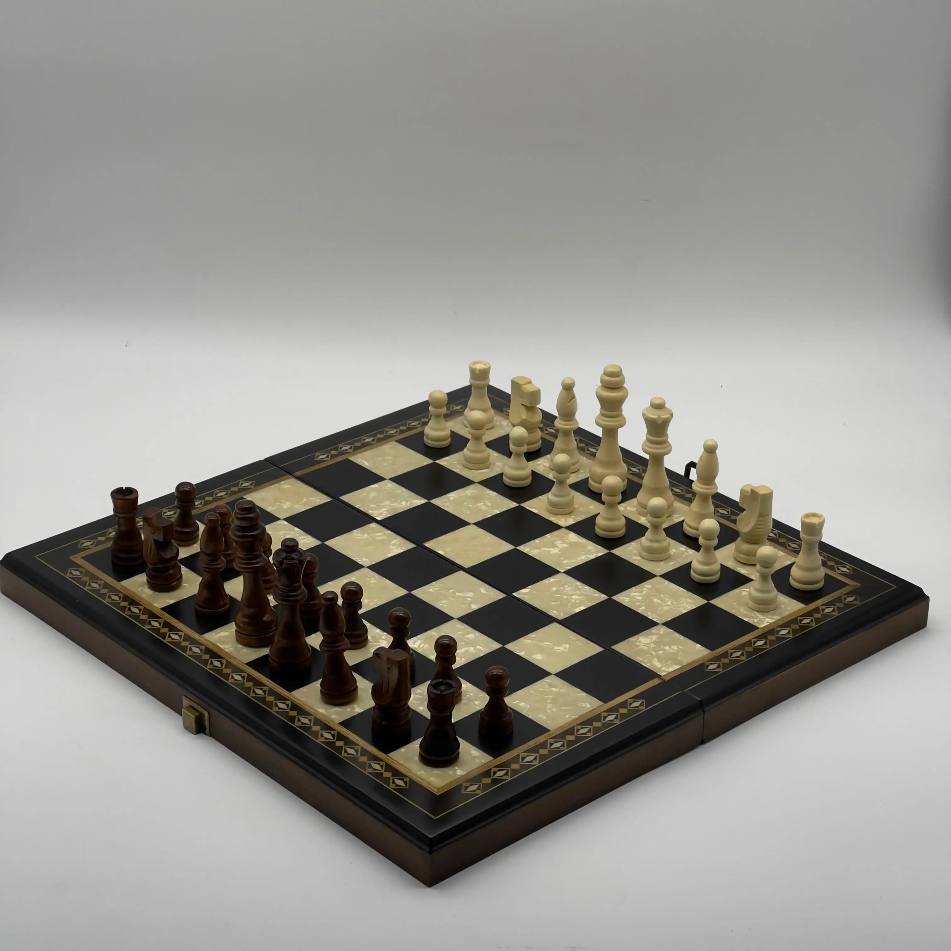 Personalized Foldable Travel Black Chess Set with Wooden Chess Figures