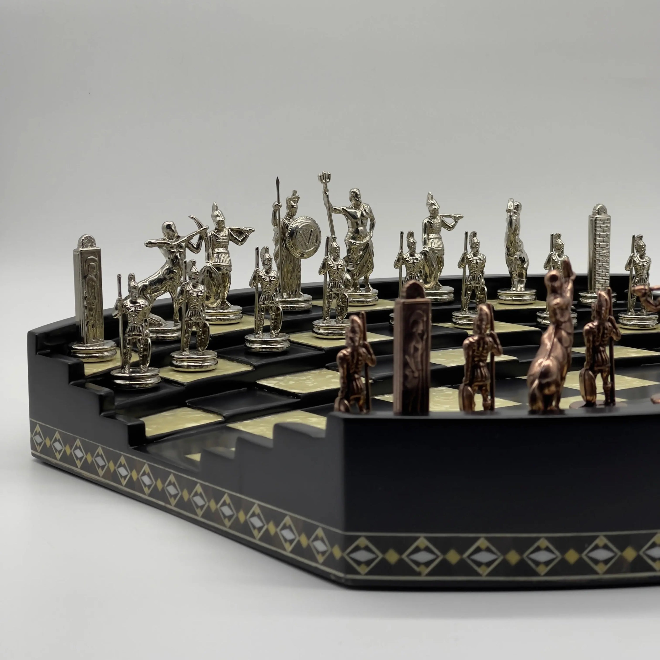 Black 3D Arena Luxury Chess Set with Ancient Greek Metal Chess Pieces