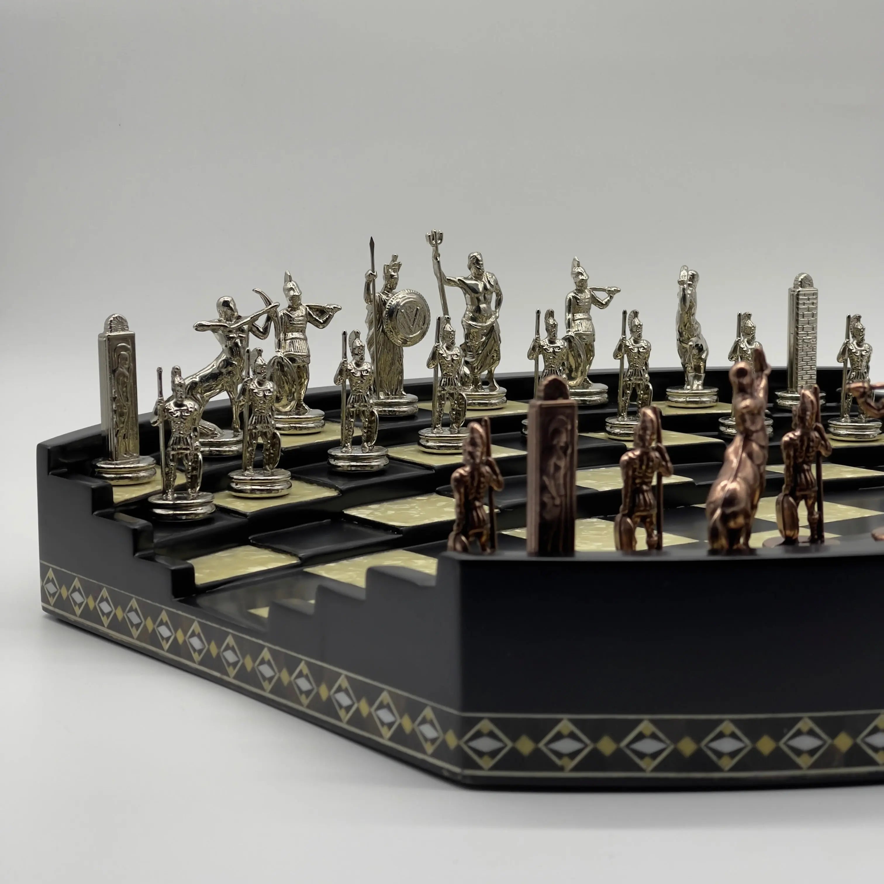 Black 3D Arena Luxury Chess Set with Ancient Greek Metal Chess Pieces
