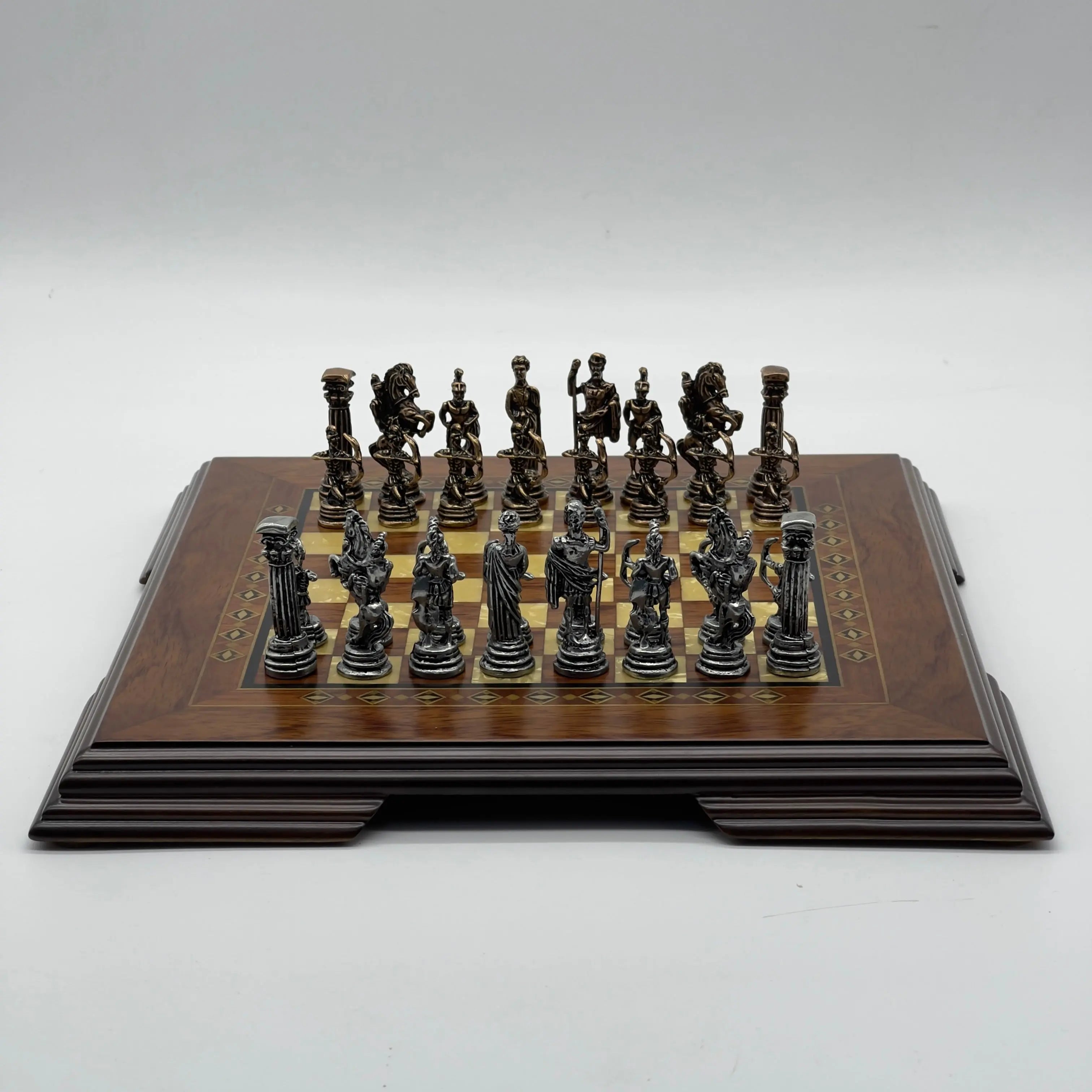 Small Walnut Solid Wooden Chess Board with Crusaders Metal Chess Pieces