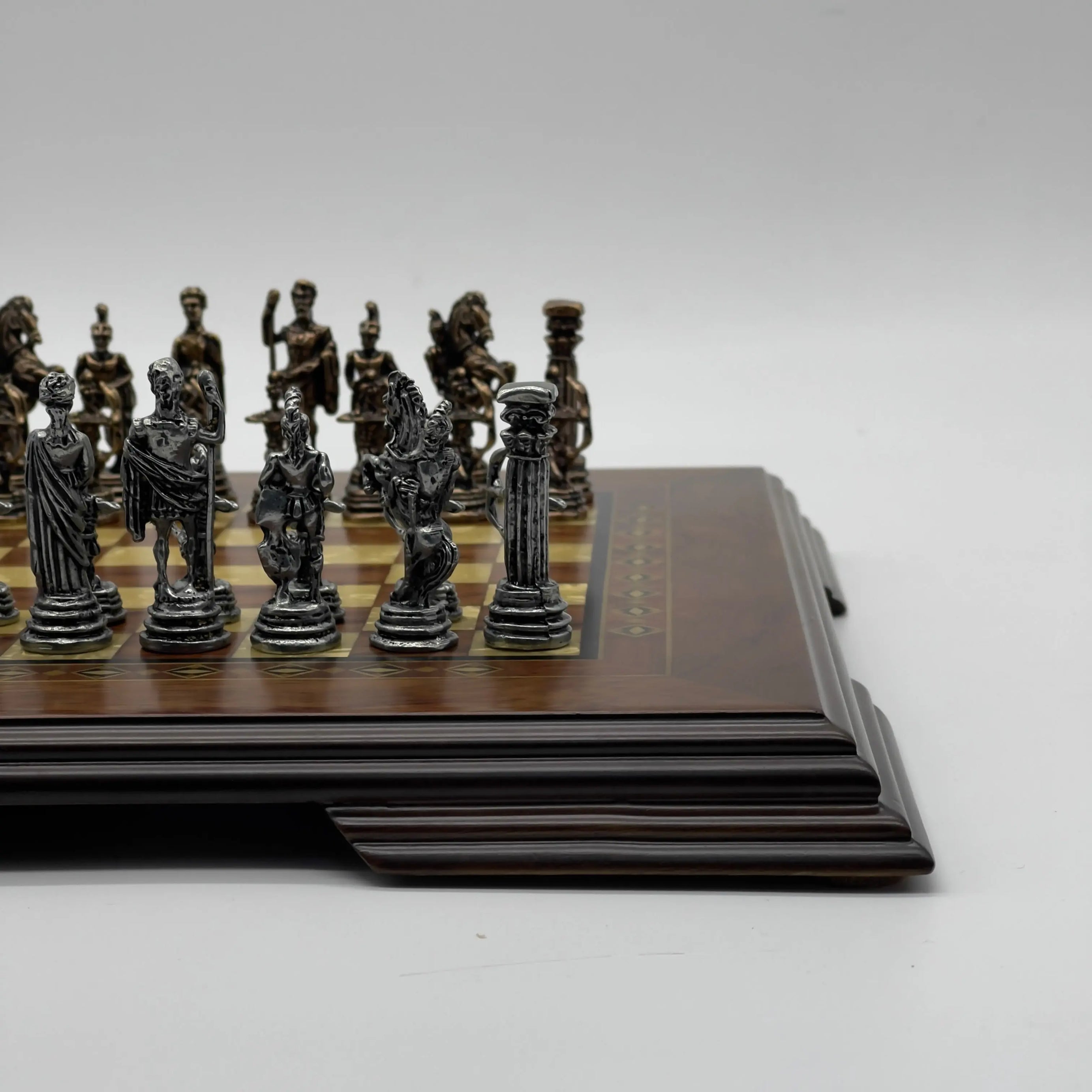 Small Walnut Solid Wooden Chess Board with Crusaders Metal Chess Pieces