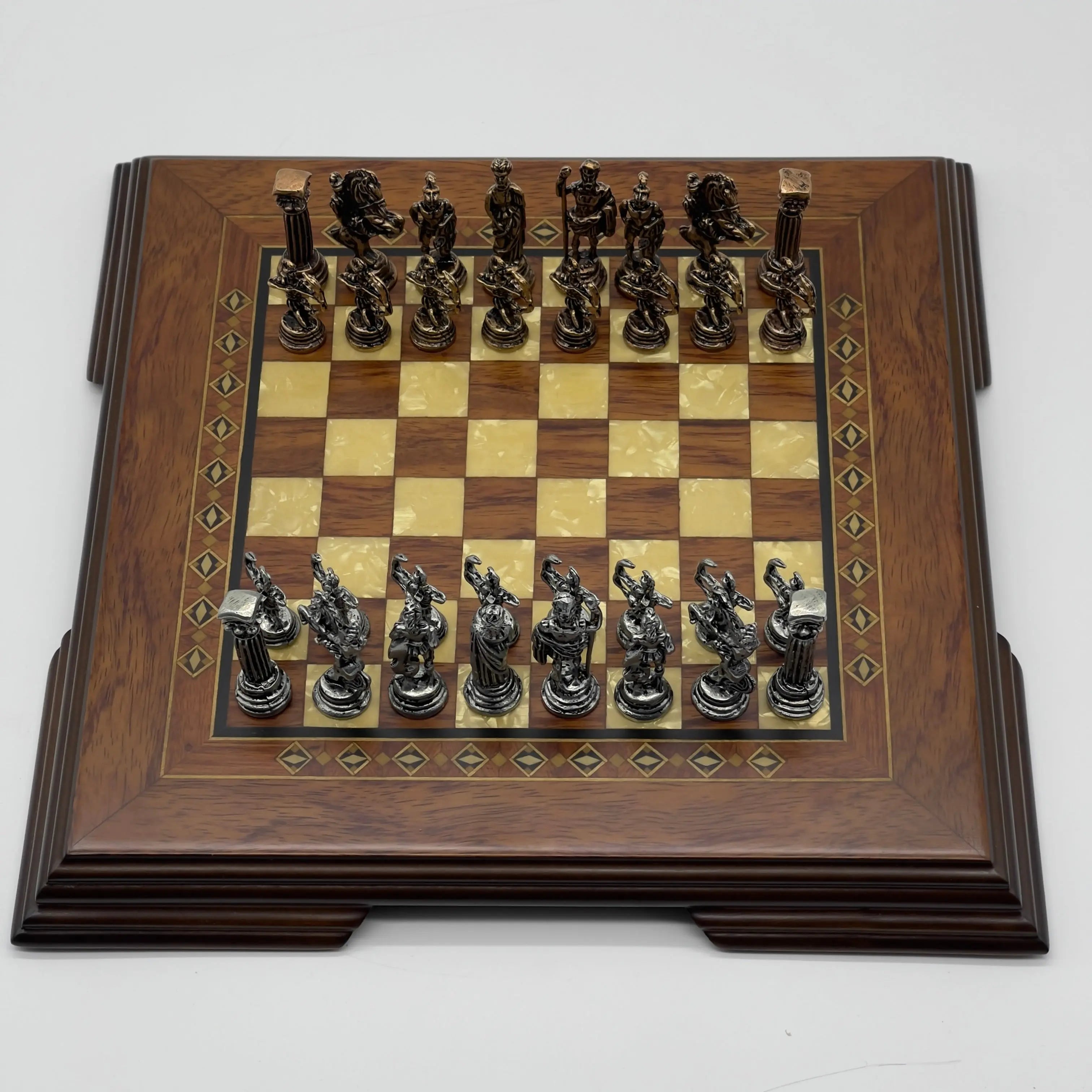 Small Walnut Solid Wooden Chess Board with Crusaders Metal Chess Pieces