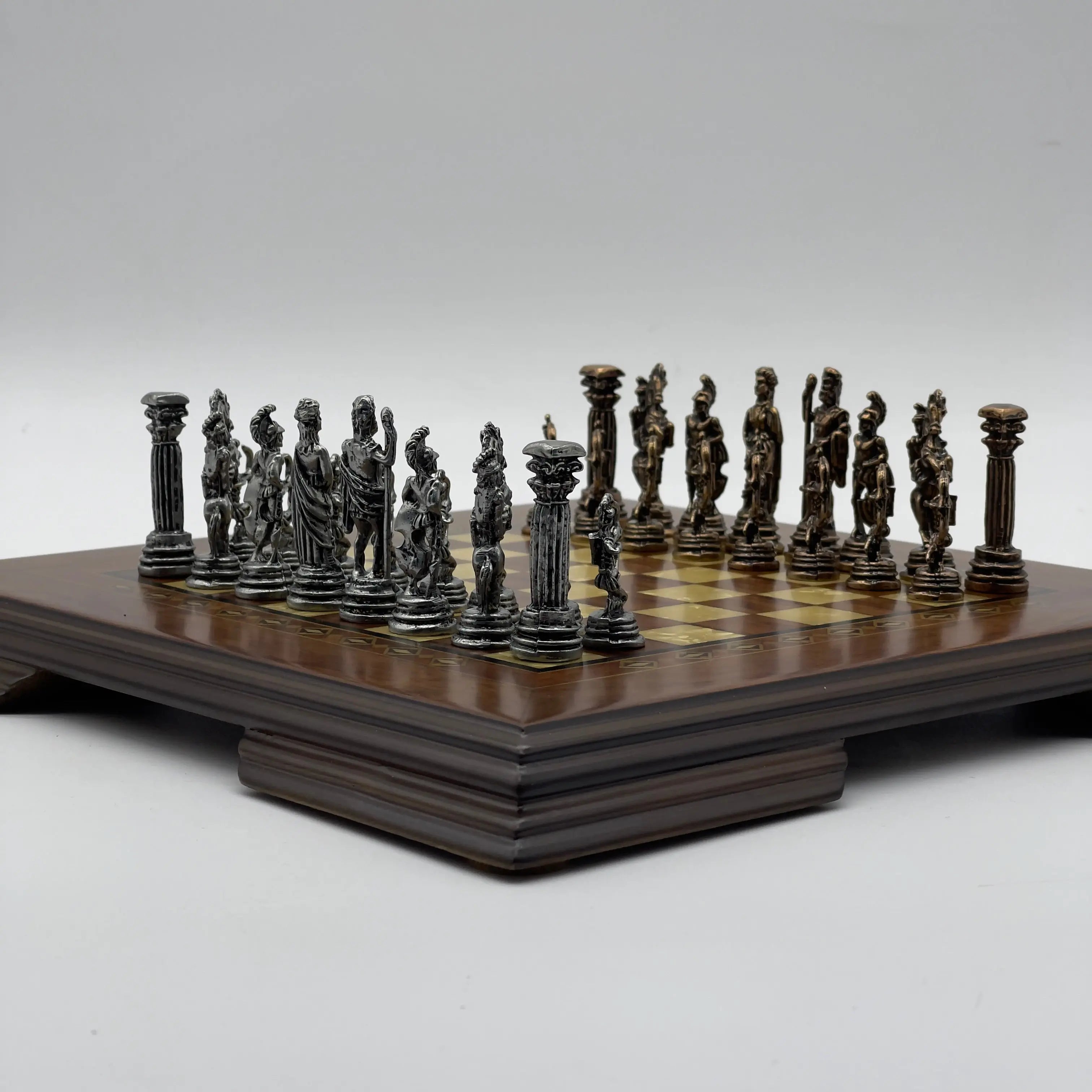 Small Walnut Solid Wooden Chess Board with Crusaders Metal Chess Pieces