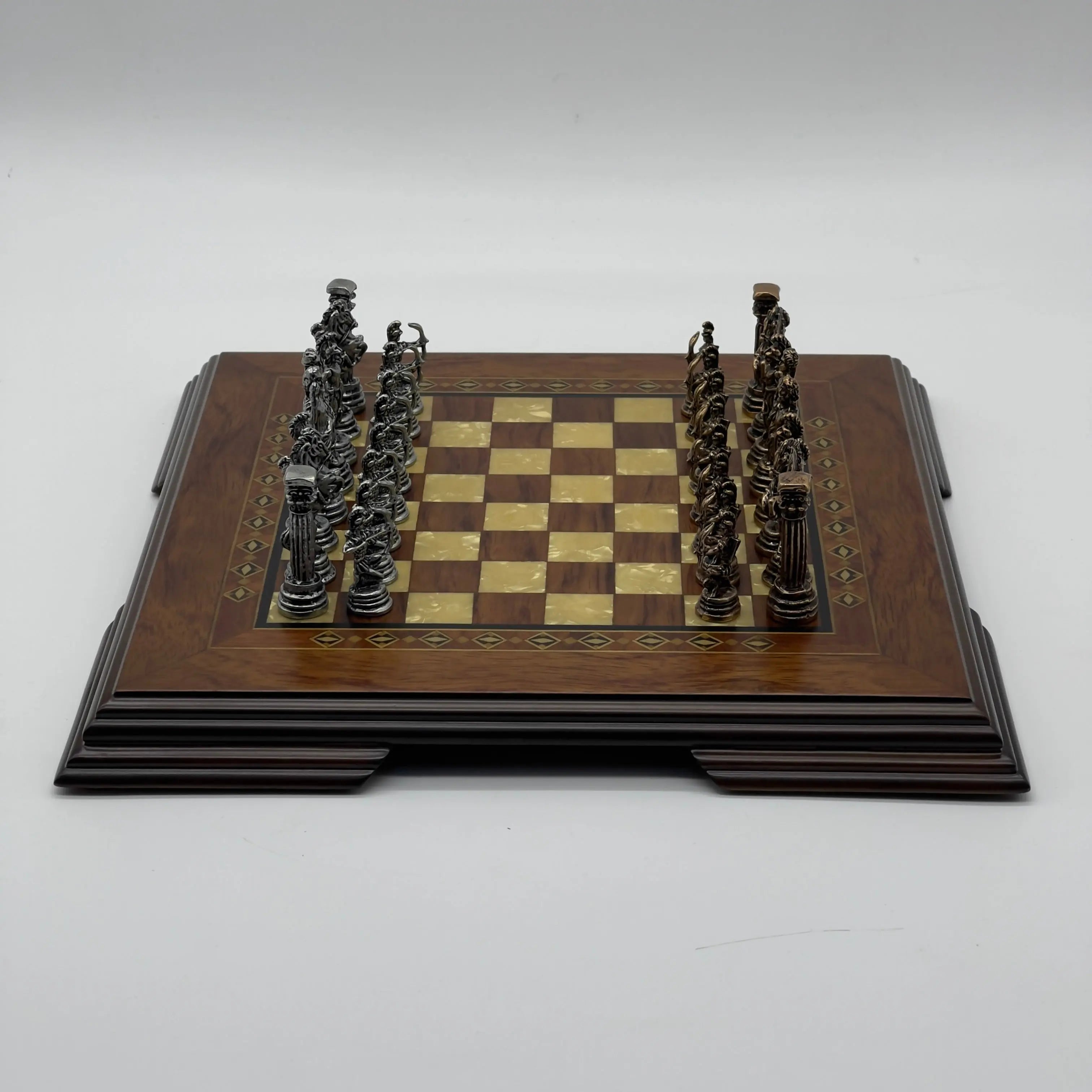 Small Walnut Solid Wooden Chess Board with Crusaders Metal Chess Pieces