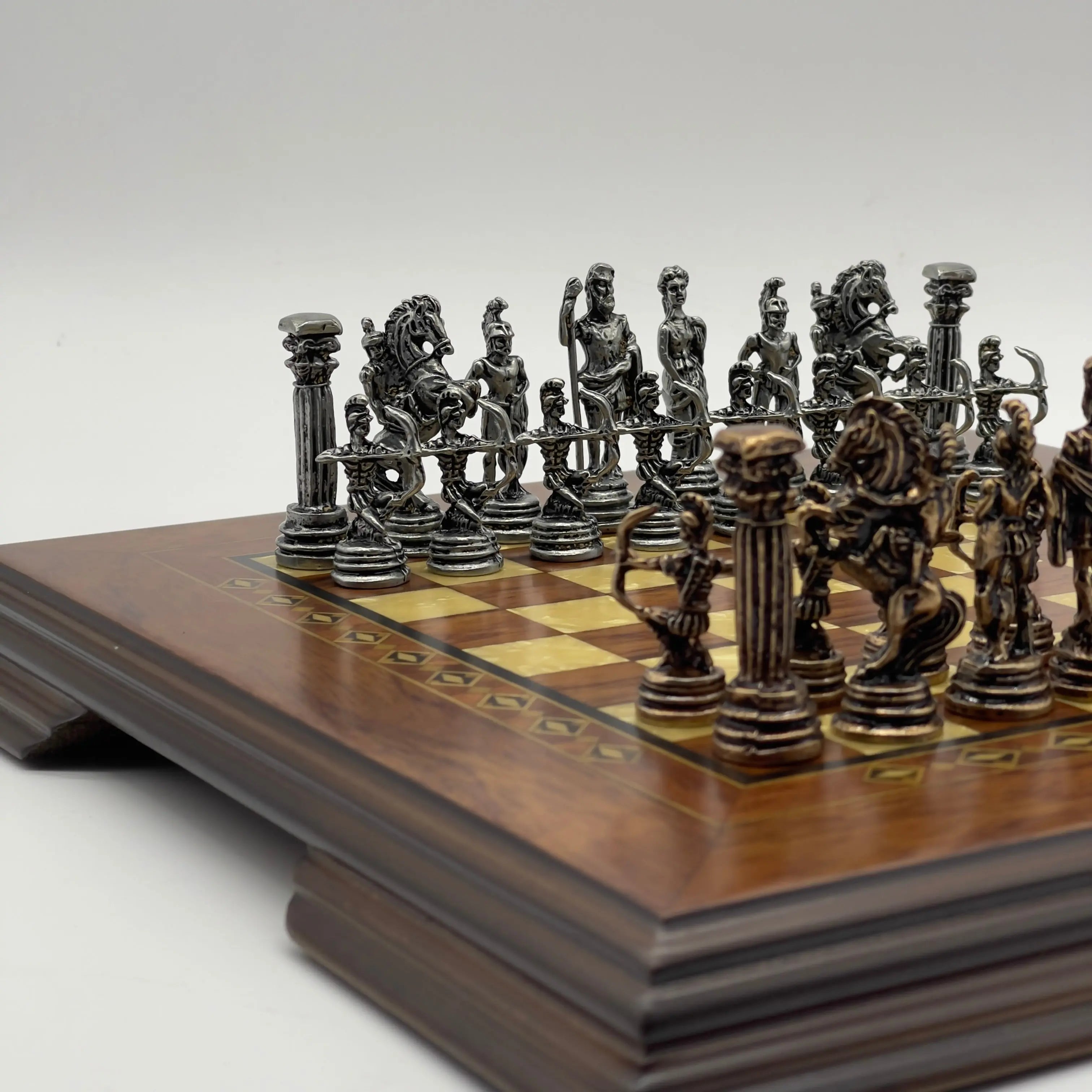 Small Walnut Solid Wooden Chess Board with Crusaders Metal Chess Pieces