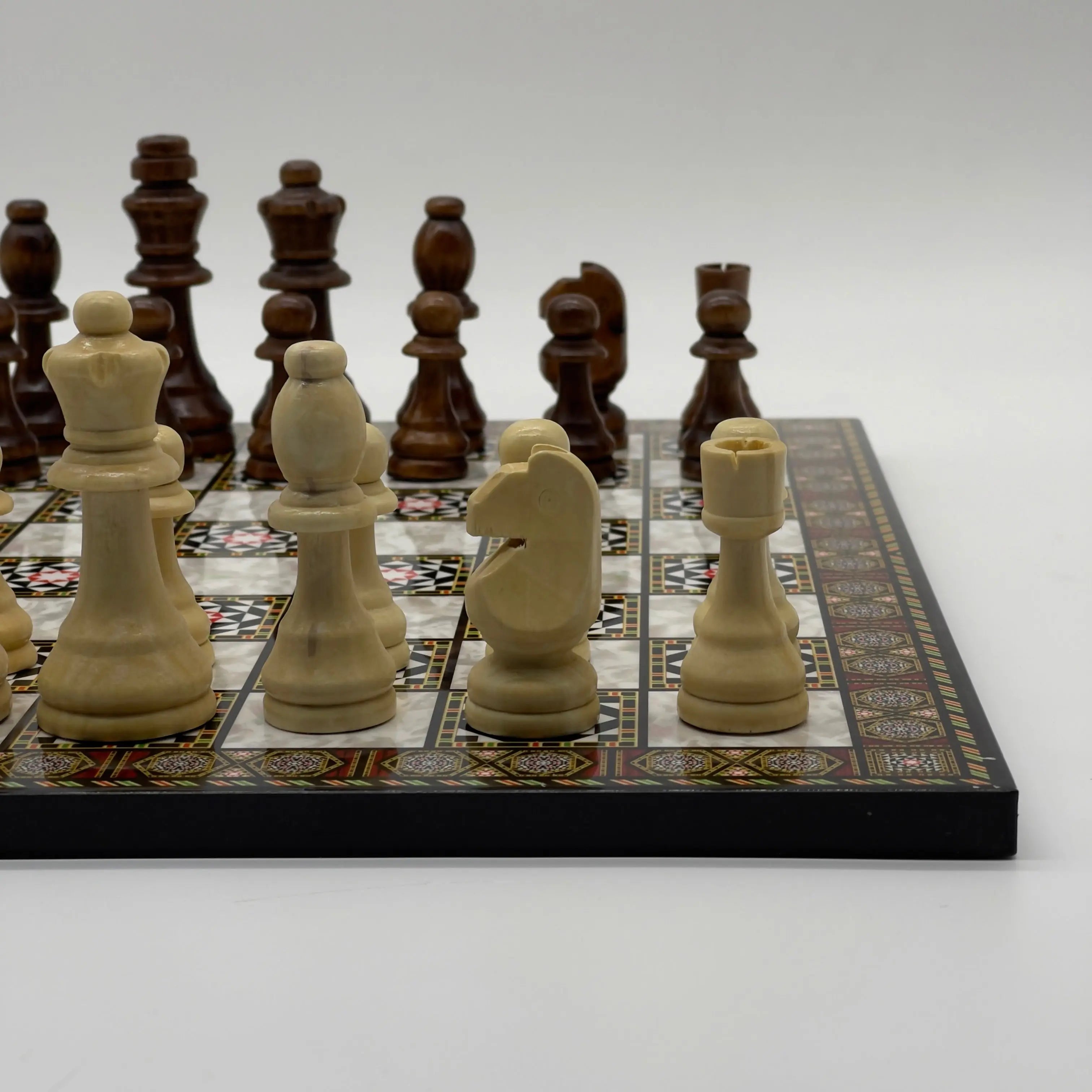 16.5" Mosaic Marble Pattern Folding Wooden Set With Wooden Chess Pieces Set