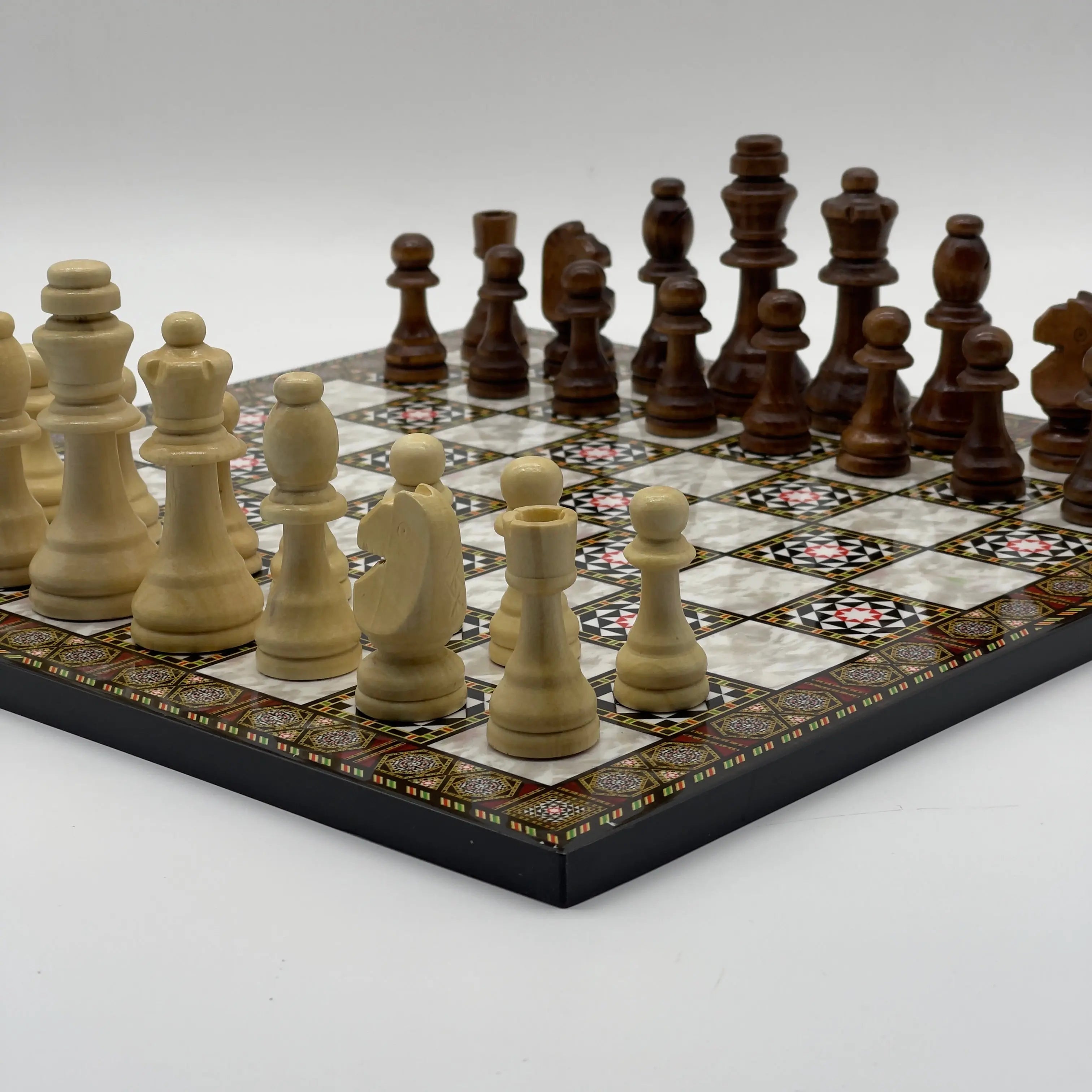 16.5" Mosaic Marble Pattern Folding Wooden Set With Wooden Chess Pieces Set