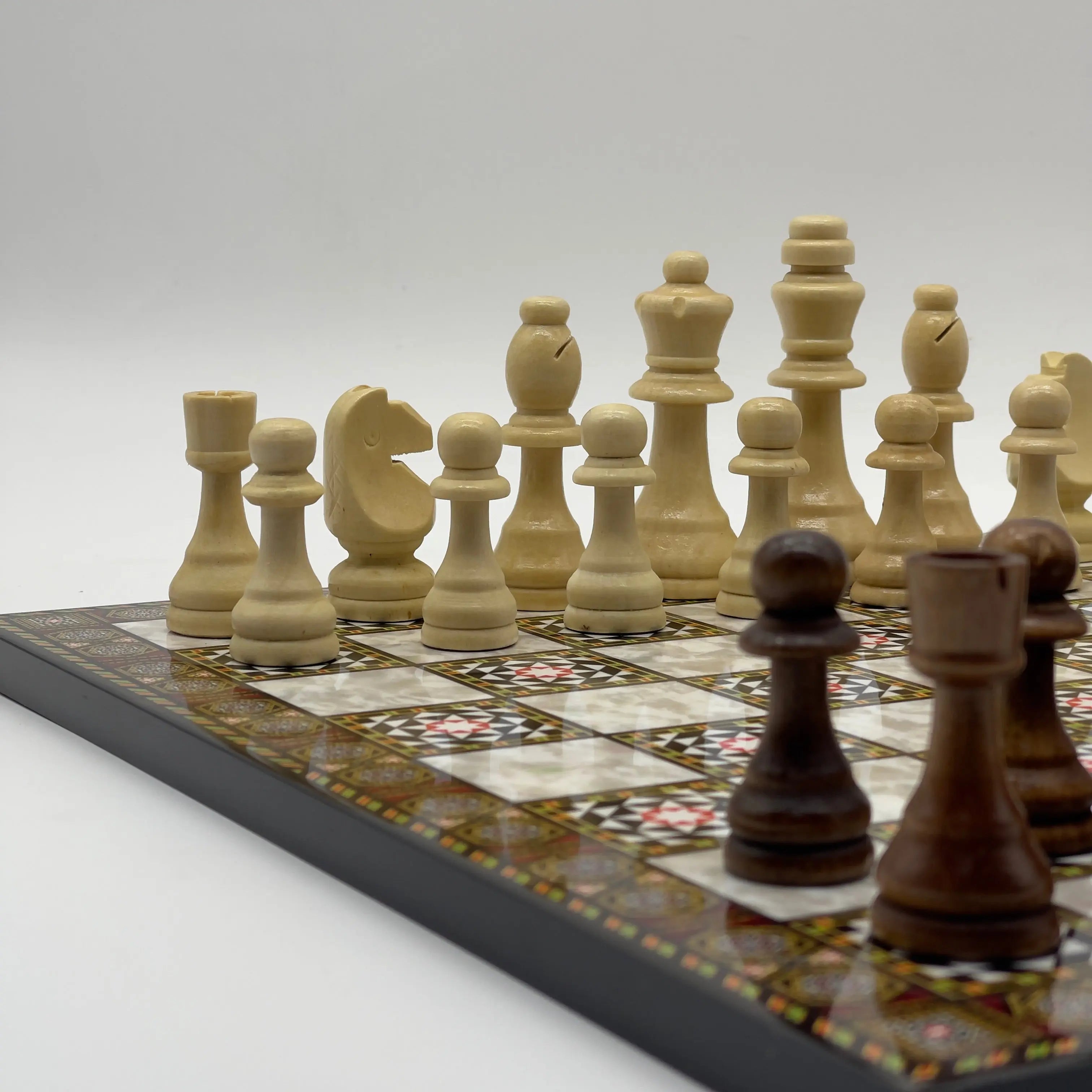 16.5" Mosaic Marble Pattern Folding Wooden Set With Wooden Chess Pieces Set