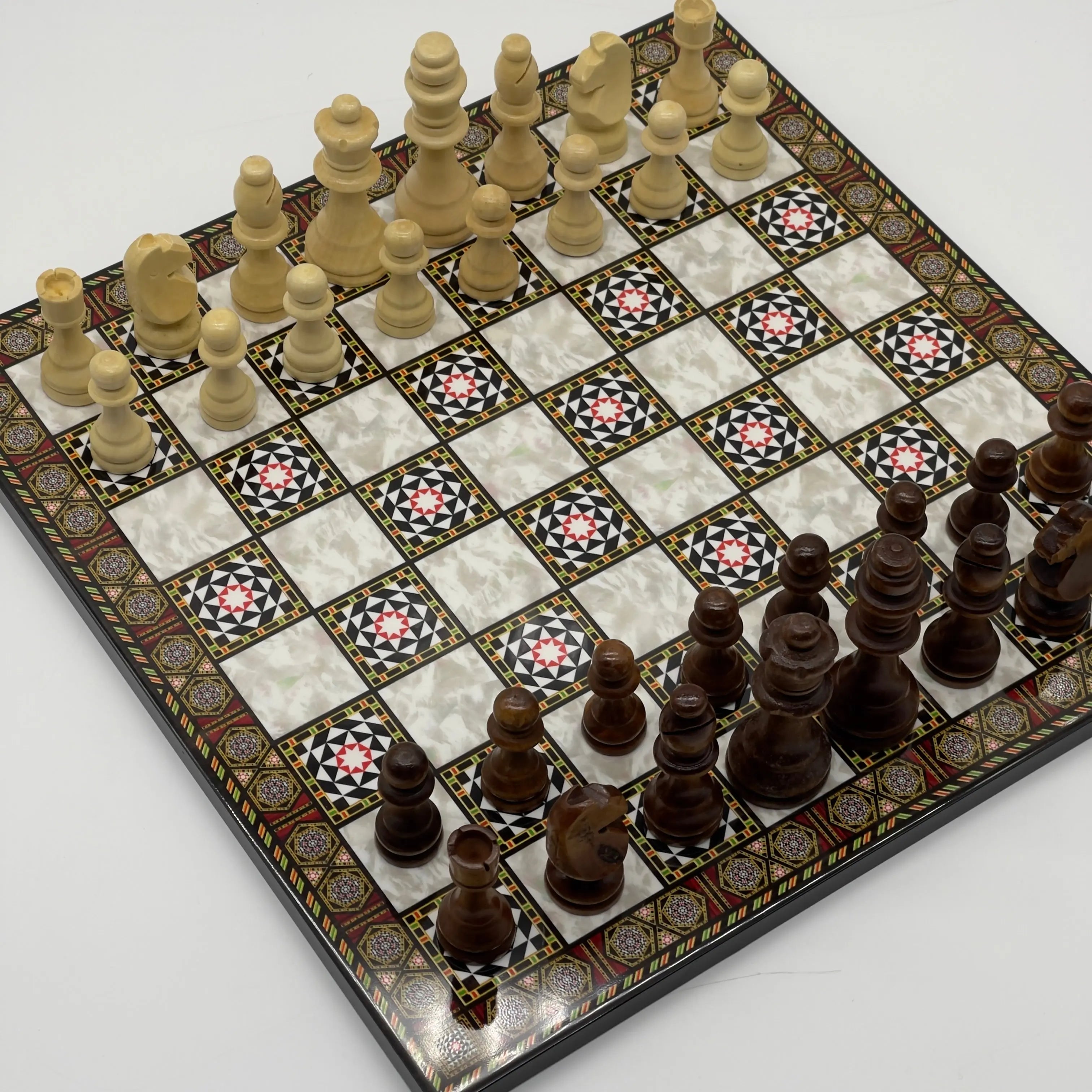 16.5" Mosaic Marble Pattern Folding Wooden Set With Wooden Chess Pieces Set
