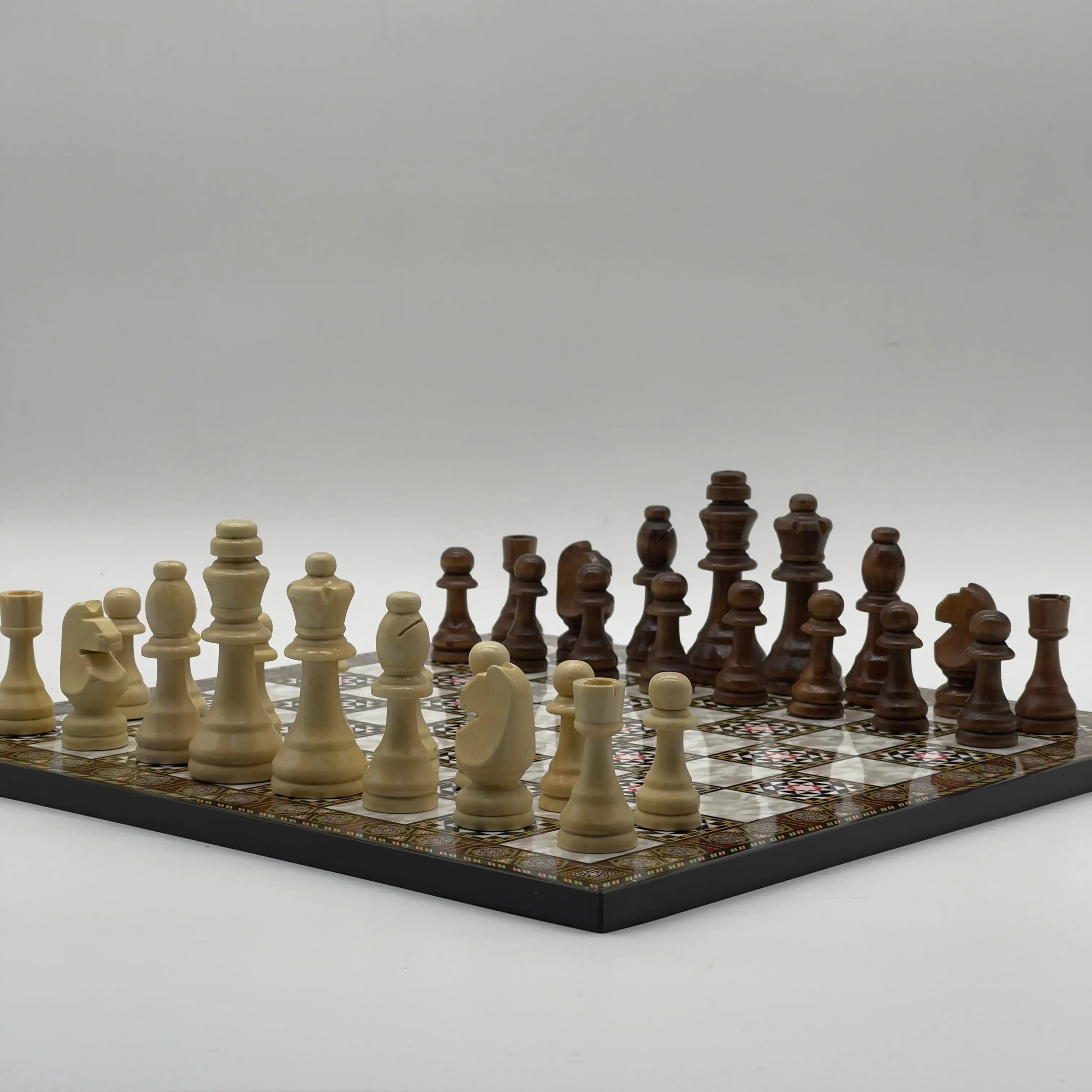 16.5" Mosaic Marble Pattern Folding Wooden Set With Wooden Chess Pieces Set