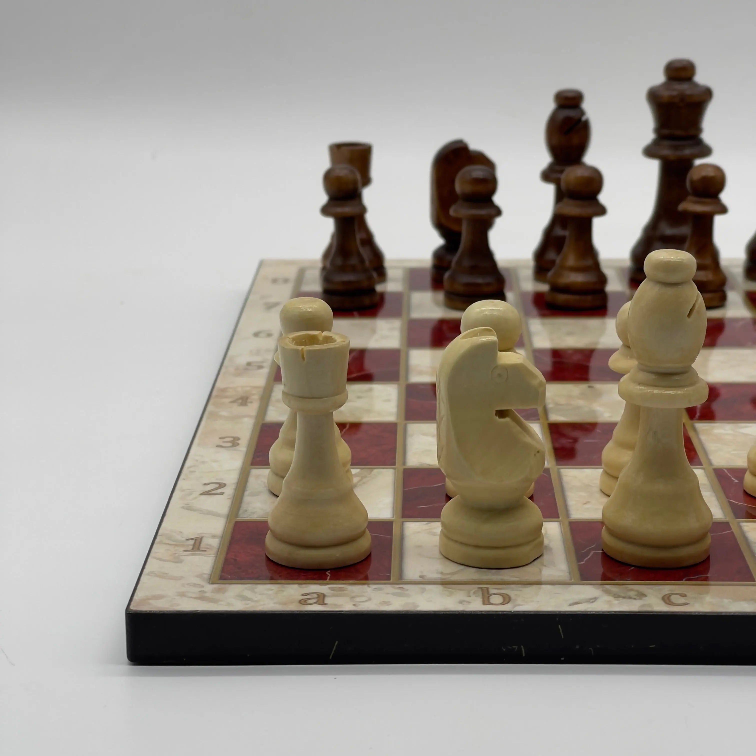 16.5" Red Marble Pattern Folding Wooden Set With Wooden Chess Pieces Set