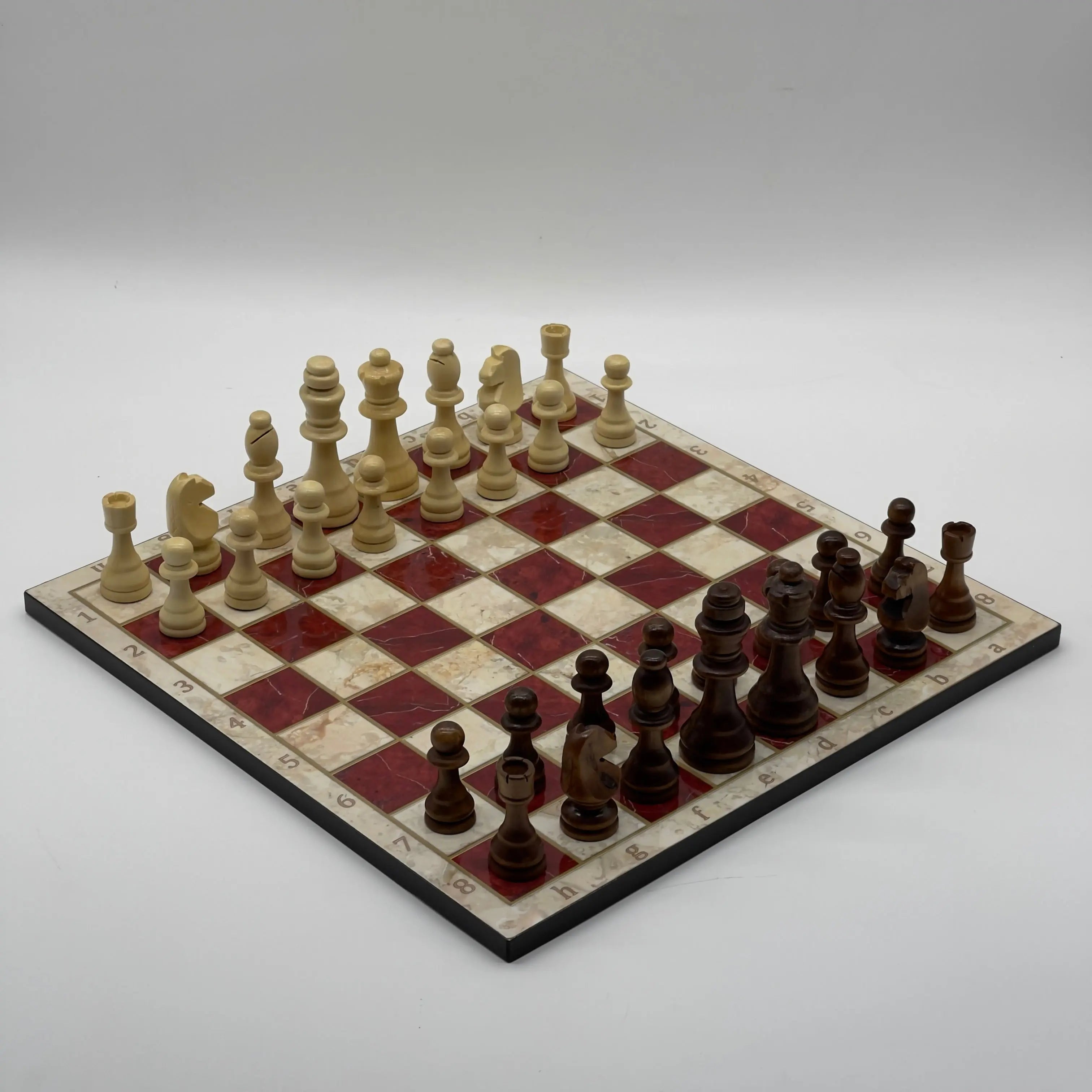 16.5" Red Marble Pattern Folding Wooden Set With Wooden Chess Pieces Set