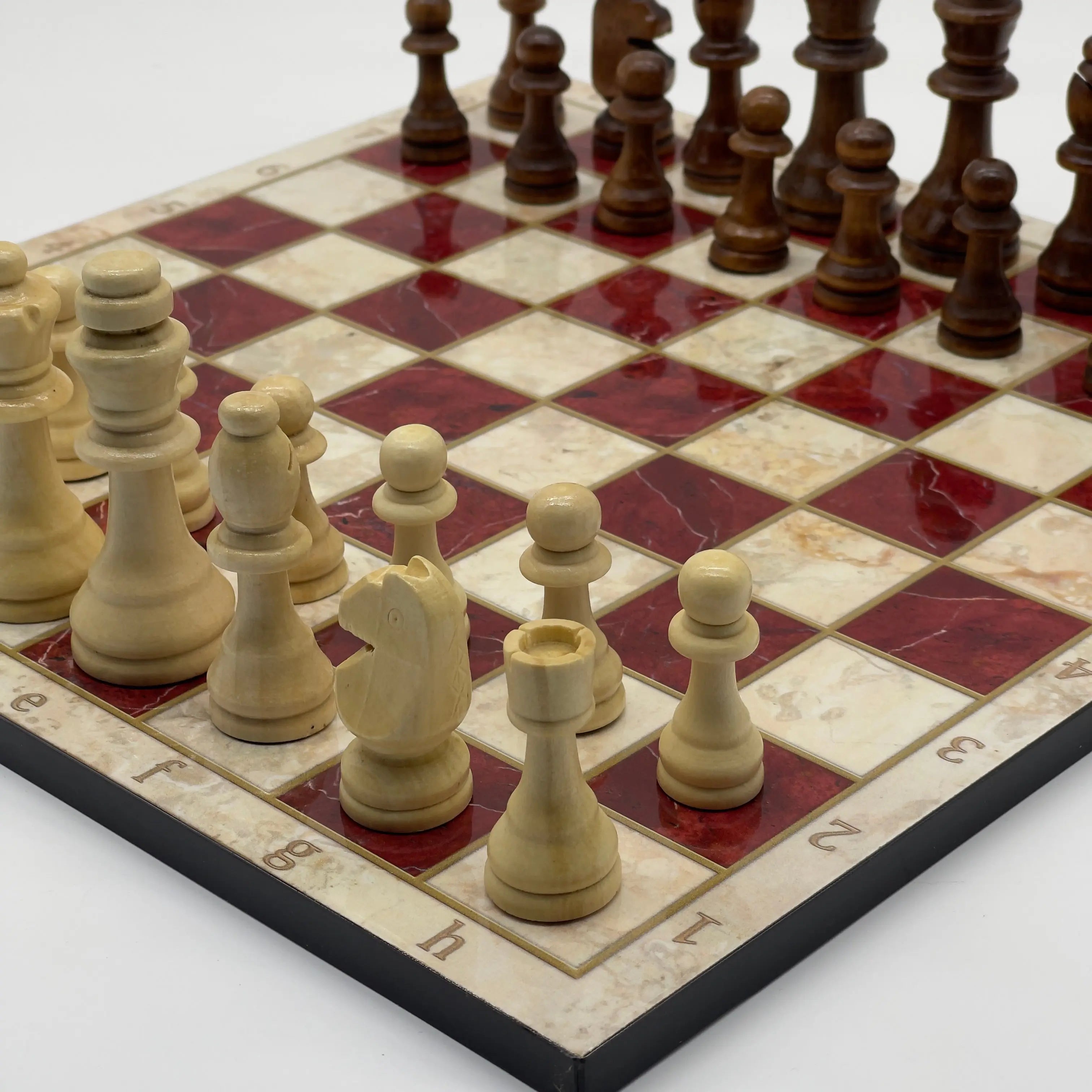 16.5" Red Marble Pattern Folding Wooden Set With Wooden Chess Pieces Set