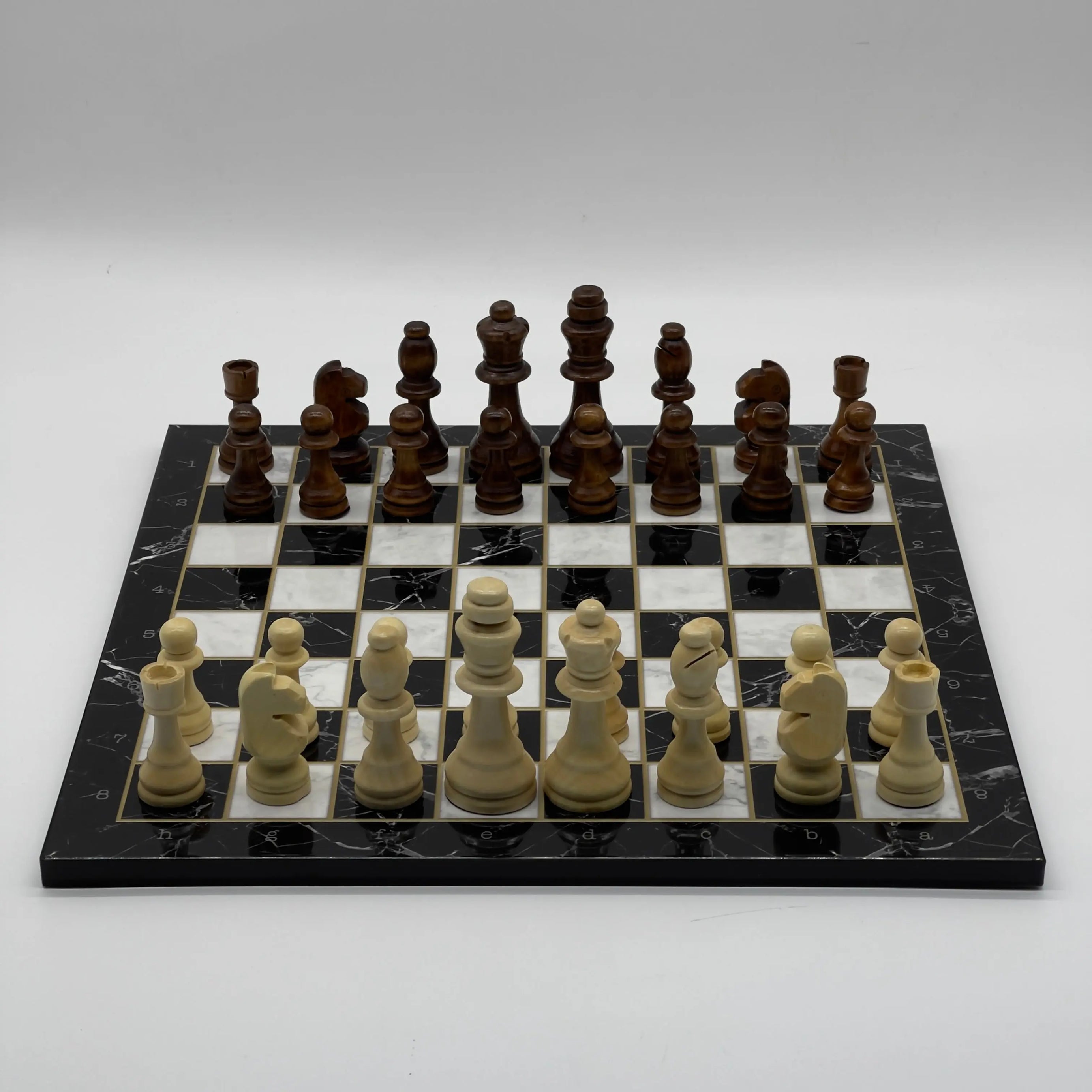 16.5" Black Marble Pattern Folding Wooden Set With Wooden Chess Pieces Set