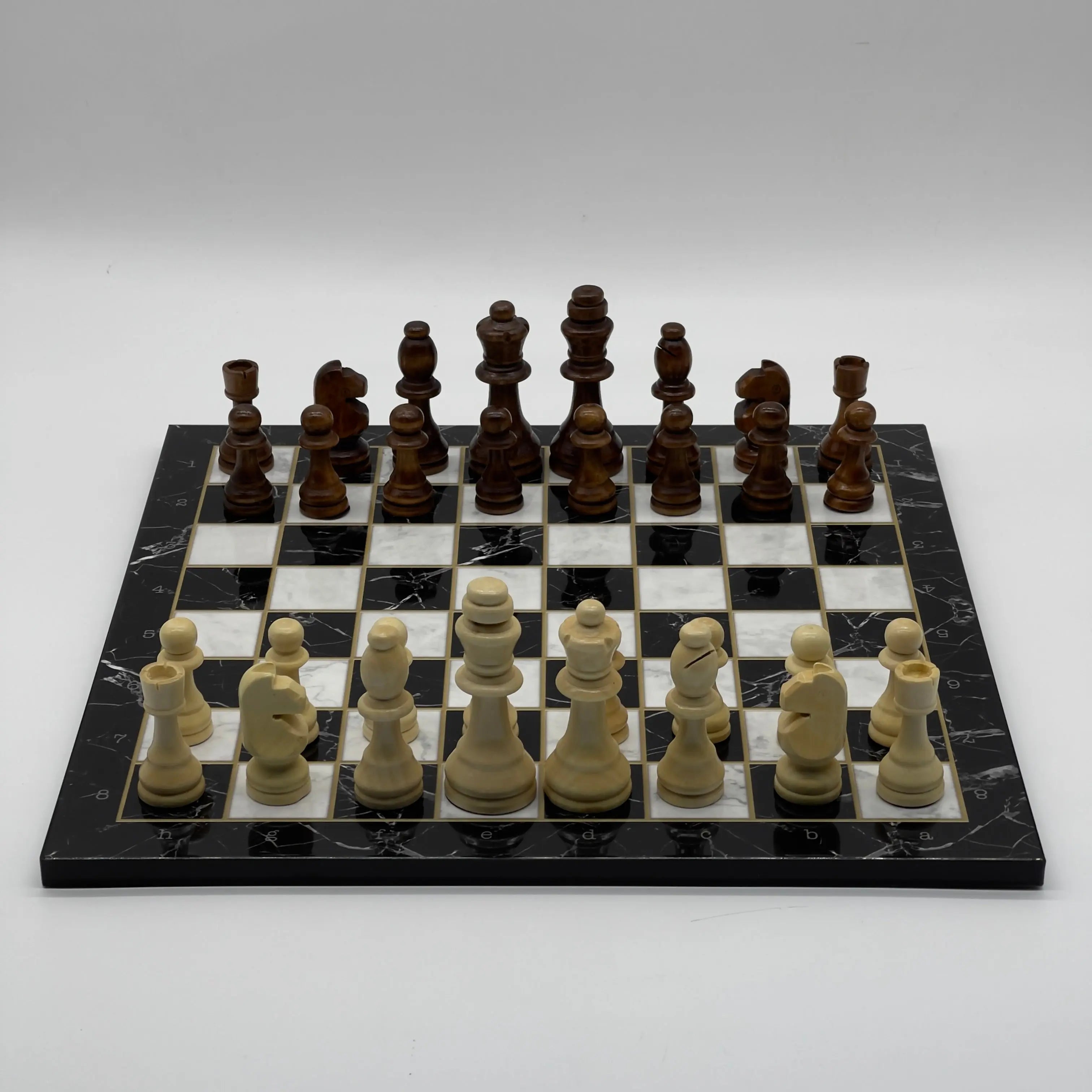 16.5" Black Marble Pattern Folding Wooden Set With Wooden Chess Pieces Set
