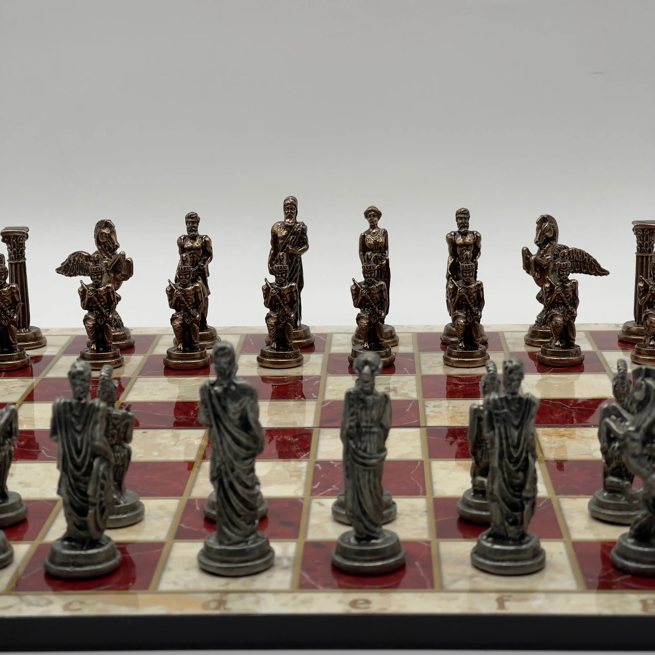 16.5" Red Marble Pattern Folding Chess Board With Pegasus Metal Chess Pieces