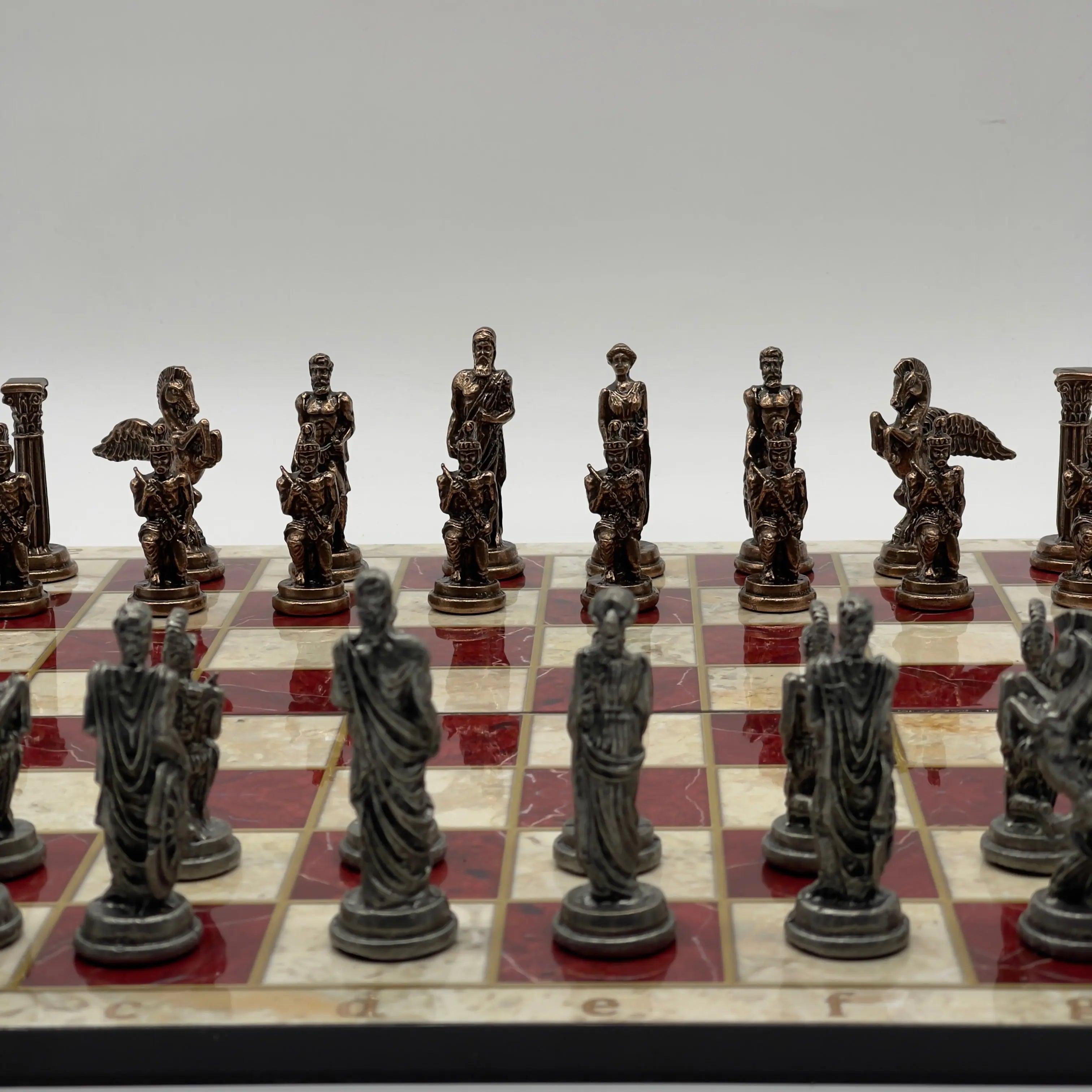 16.5" Red Marble Pattern Folding Chess Board With Pegasus Metal Chess Pieces