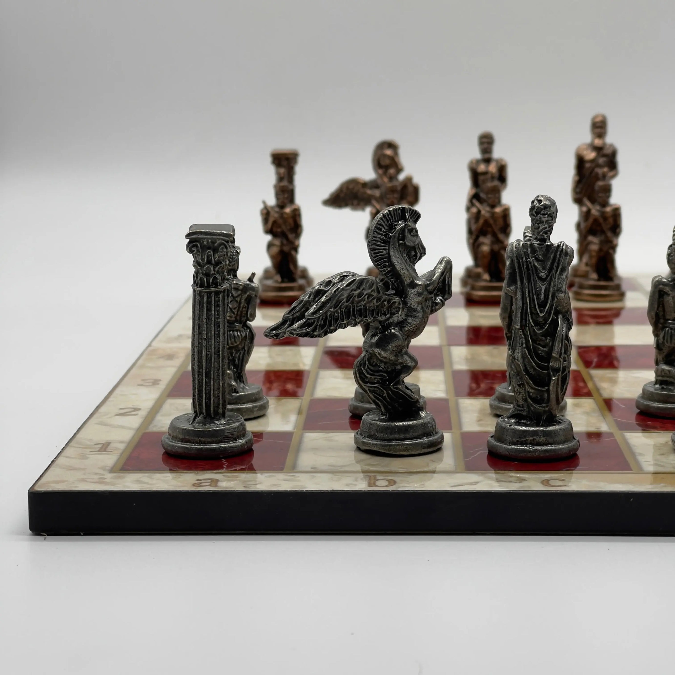 16.5" Red Marble Pattern Folding Chess Board With Pegasus Metal Chess Pieces